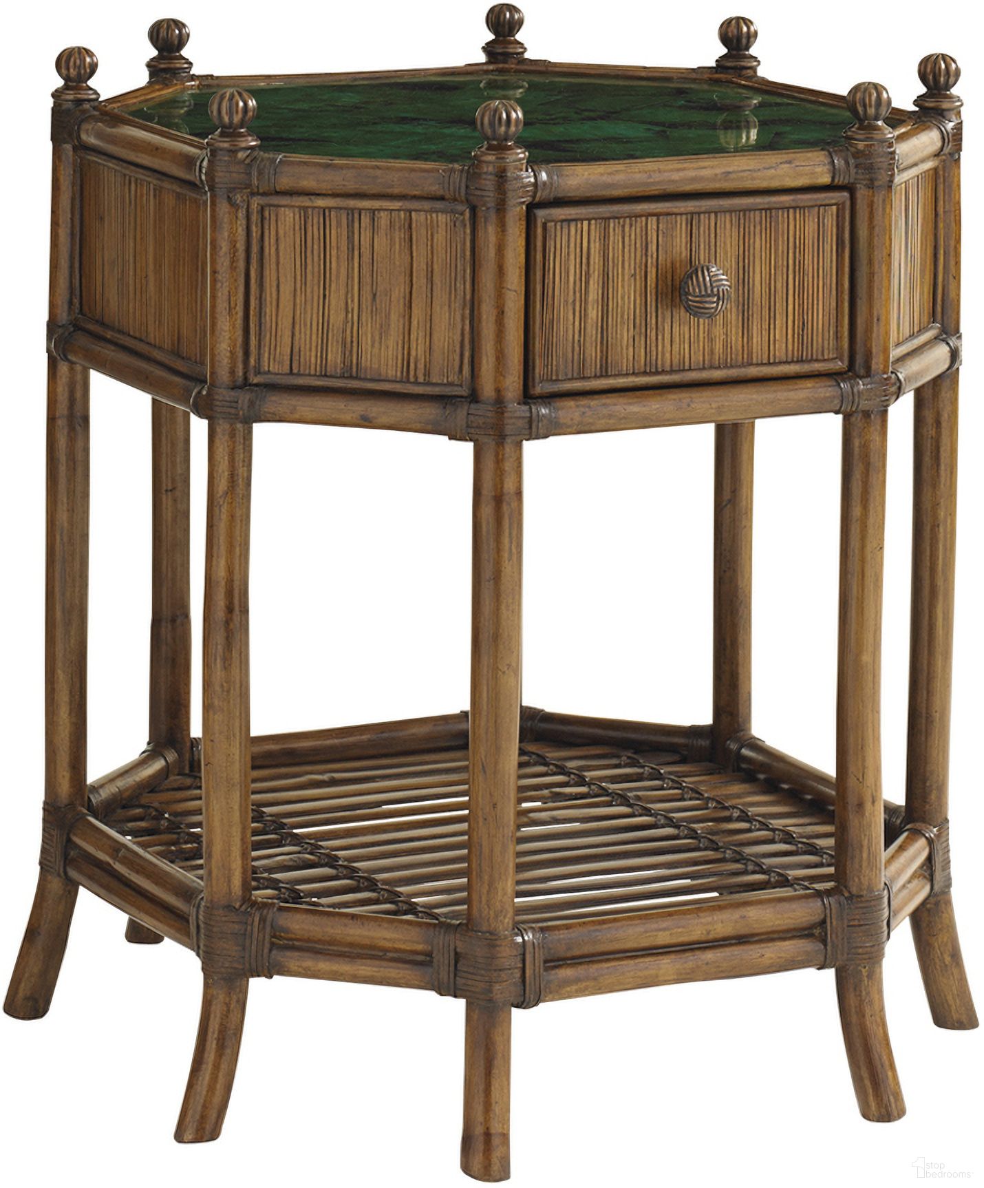 The appearance of Bali Hai Flamingo Octagonal End Table In Sunset designed by Tommy Bahama in the transitional interior design. This sunset piece of furniture  was selected by 1StopBedrooms from Bali Hai Collection to add a touch of cosiness and style into your home. Sku: 593-951. Material: Rattan.
