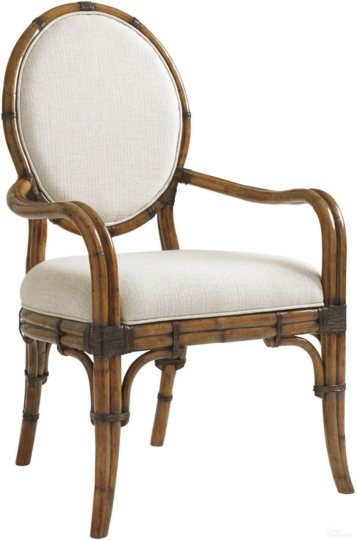 The appearance of Bali Hai Gulfstream Oval Back Arm Chair In Sunset designed by Tommy Bahama in the transitional interior design. This sunset piece of furniture  was selected by 1StopBedrooms from Bali Hai Collection to add a touch of cosiness and style into your home. Sku: 593-881-01. Material: Rattan. Chair Type: Arm Chair.