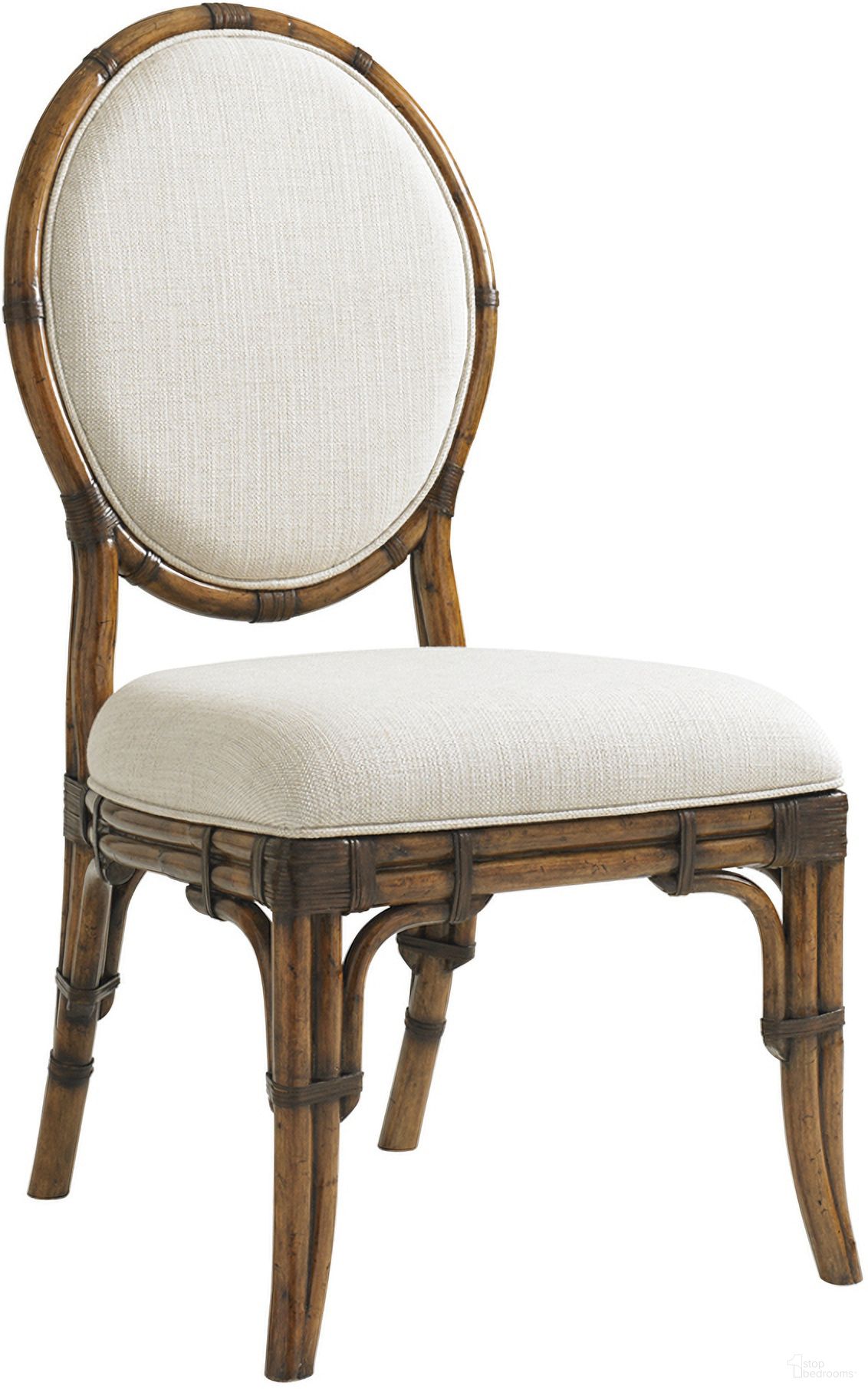 The appearance of Bali Hai Gulfstream Oval Back Side Chair In Sunset designed by Tommy Bahama in the transitional interior design. This sunset piece of furniture was selected by 1StopBedrooms from Bali Hai Collection to add a touch of cosiness and style into your home. Sku: 593-880-01. Material: Rattan. Chair Type: Side Chair.