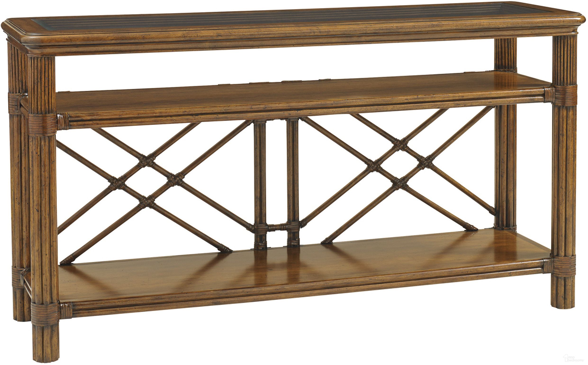 The appearance of Bali Hai Islander Console In Sunset designed by Tommy Bahama in the transitional interior design. This sunset piece of furniture was selected by 1StopBedrooms from Bali Hai Collection to add a touch of cosiness and style into your home. Sku: 593-967. Material: Rattan.