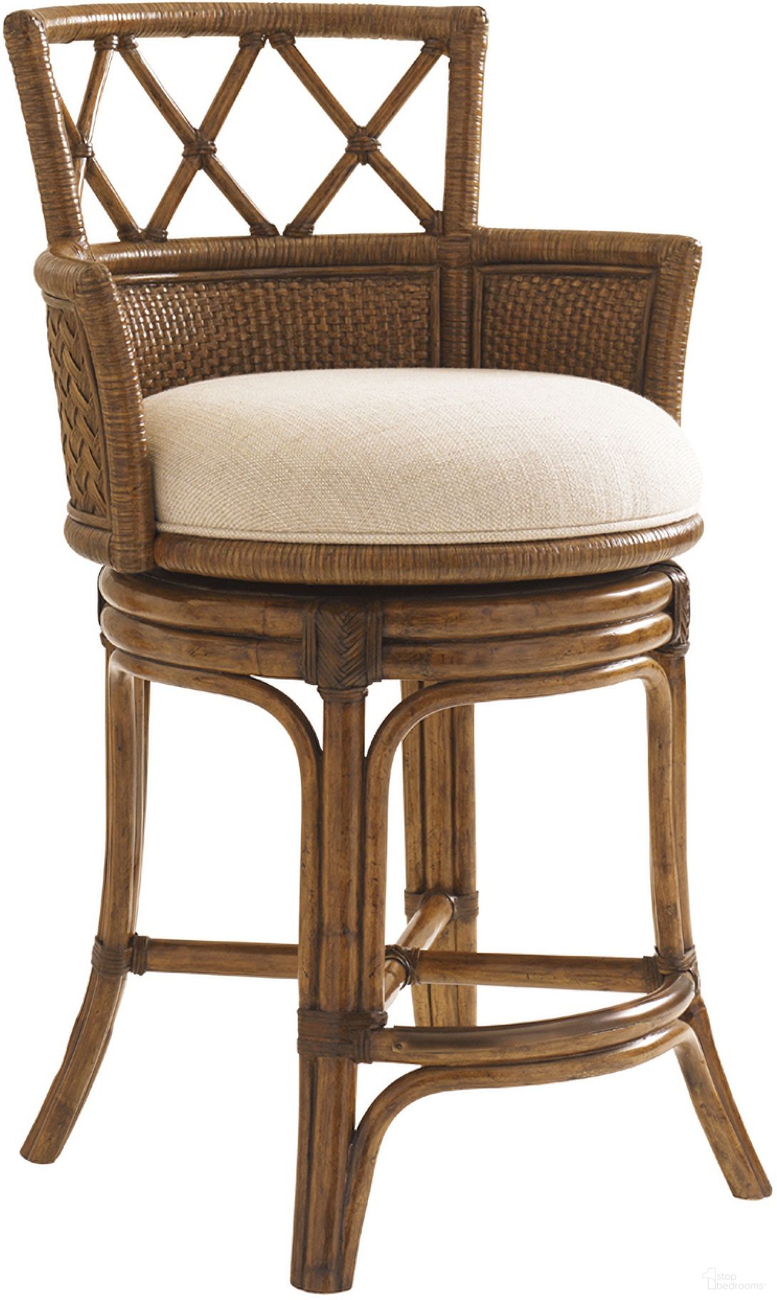 The appearance of Bali Hai Kamala Bay Swivel Counter Stool In Sunset designed by Tommy Bahama in the transitional interior design. This sunset piece of furniture was selected by 1StopBedrooms from Bali Hai Collection to add a touch of cosiness and style into your home. Sku: 593-815-01. Material: Rattan.