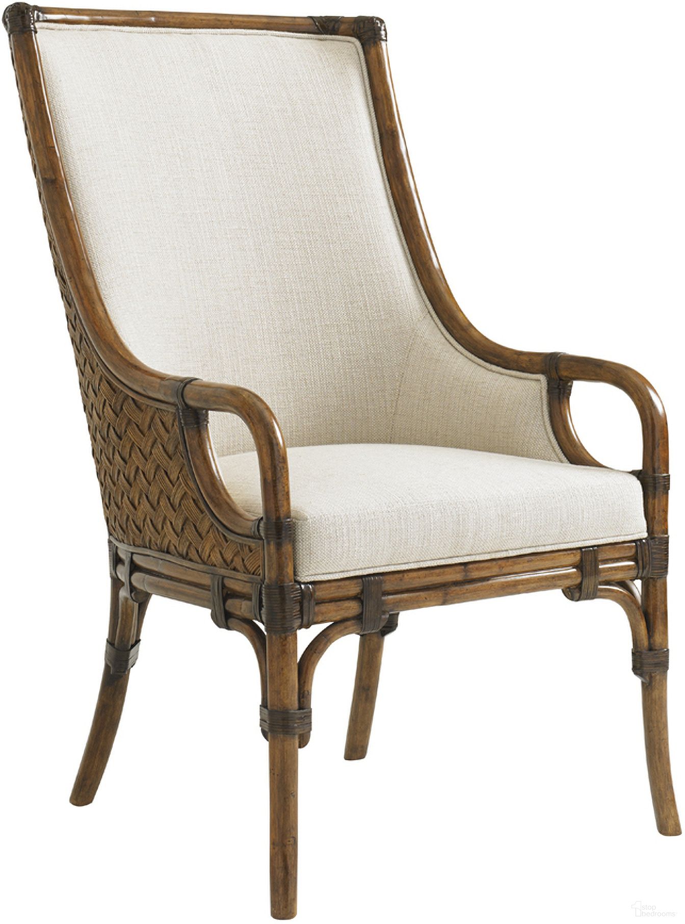 The appearance of Bali Hai Marabella Upholstered Arm Chair In Sunset designed by Tommy Bahama in the transitional interior design. This sunset piece of furniture  was selected by 1StopBedrooms from Bali Hai Collection to add a touch of cosiness and style into your home. Sku: 593-885-01. Material: Rattan.