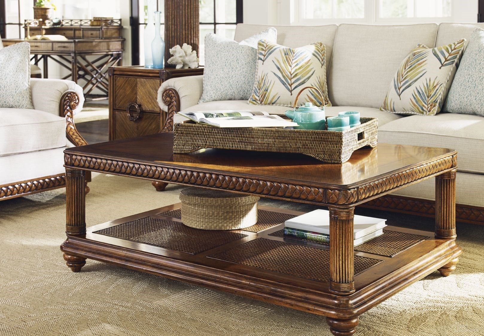 The appearance of Bali Hai Vineyard Point Occasional Table Set designed by Tommy Bahama in the transitional interior design. This sunset piece of furniture  was selected by 1StopBedrooms from Bali Hai Collection to add a touch of cosiness and style into your home. Sku: 593-945;593-953. Material: Rattan.