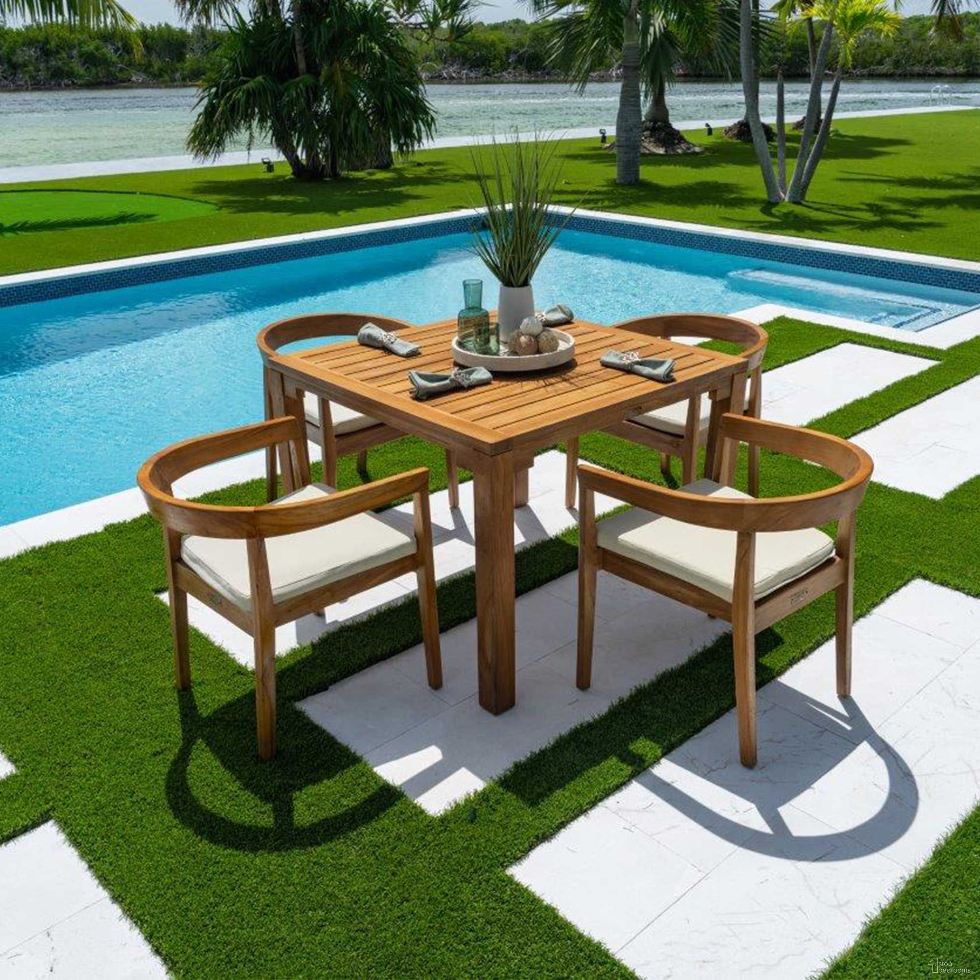 The appearance of Bali Teak 5-Piece Square Dining Table with Cushions In Natural designed by Pelican Reef in the modern / contemporary interior design. This natural piece of furniture was selected by 1StopBedrooms from Bali Collection to add a touch of cosiness and style into your home. Sku: PJO-3601-NAT-5DA-CUSH. Table Base Style: Legs. Table Top Shape: Square. Material: Teak.