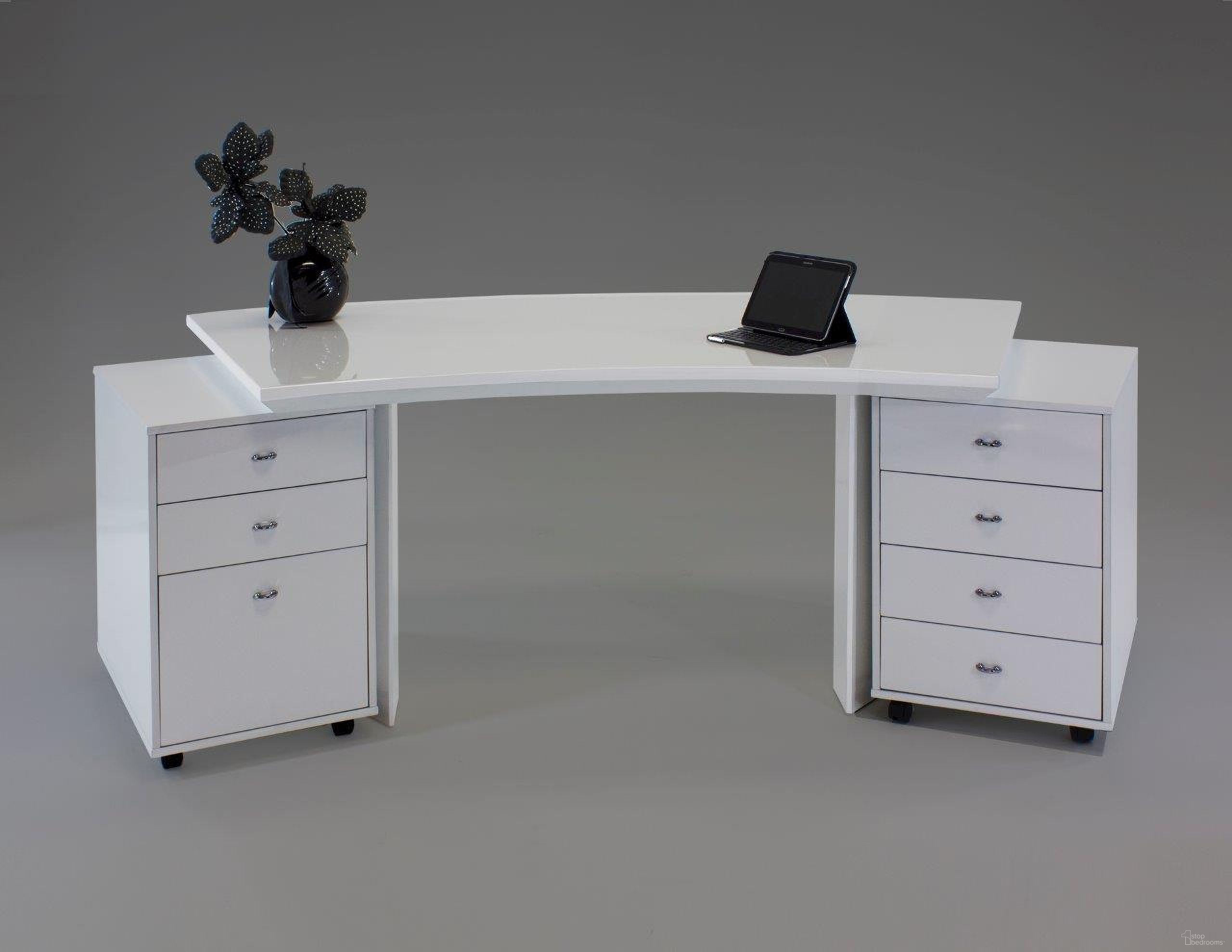 The appearance of Bali White Gloss Curved Desk designed by Sharelle Furnishings in the modern / contemporary interior design. This white piece of furniture  was selected by 1StopBedrooms from Bali Collection to add a touch of cosiness and style into your home. Sku: BALI-WG-CURVEDDESK. Material: Bonded Leather.