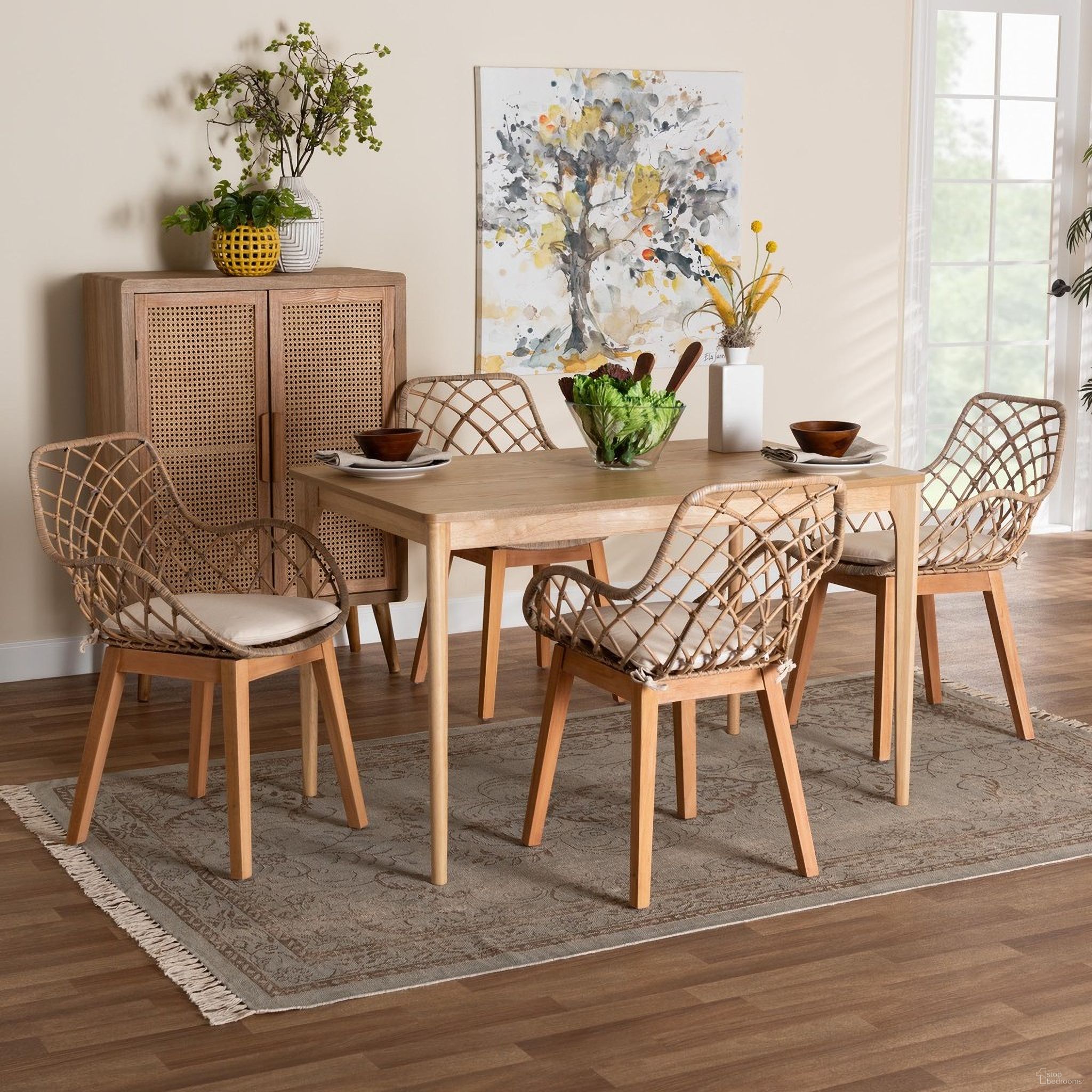 The appearance of Ballerina Rattan and Mahogany Wood 5 Piece Dining Set In Grey and Natural Brown designed by Baxton Studio in the bohemian interior design. This light grey and brown piece of furniture was selected by 1StopBedrooms from Ballerina Collection to add a touch of cosiness and style into your home. Sku: KYG004C-Natural Oak/Light Grey-5PC Dining Set. Material: Natural Rattan.