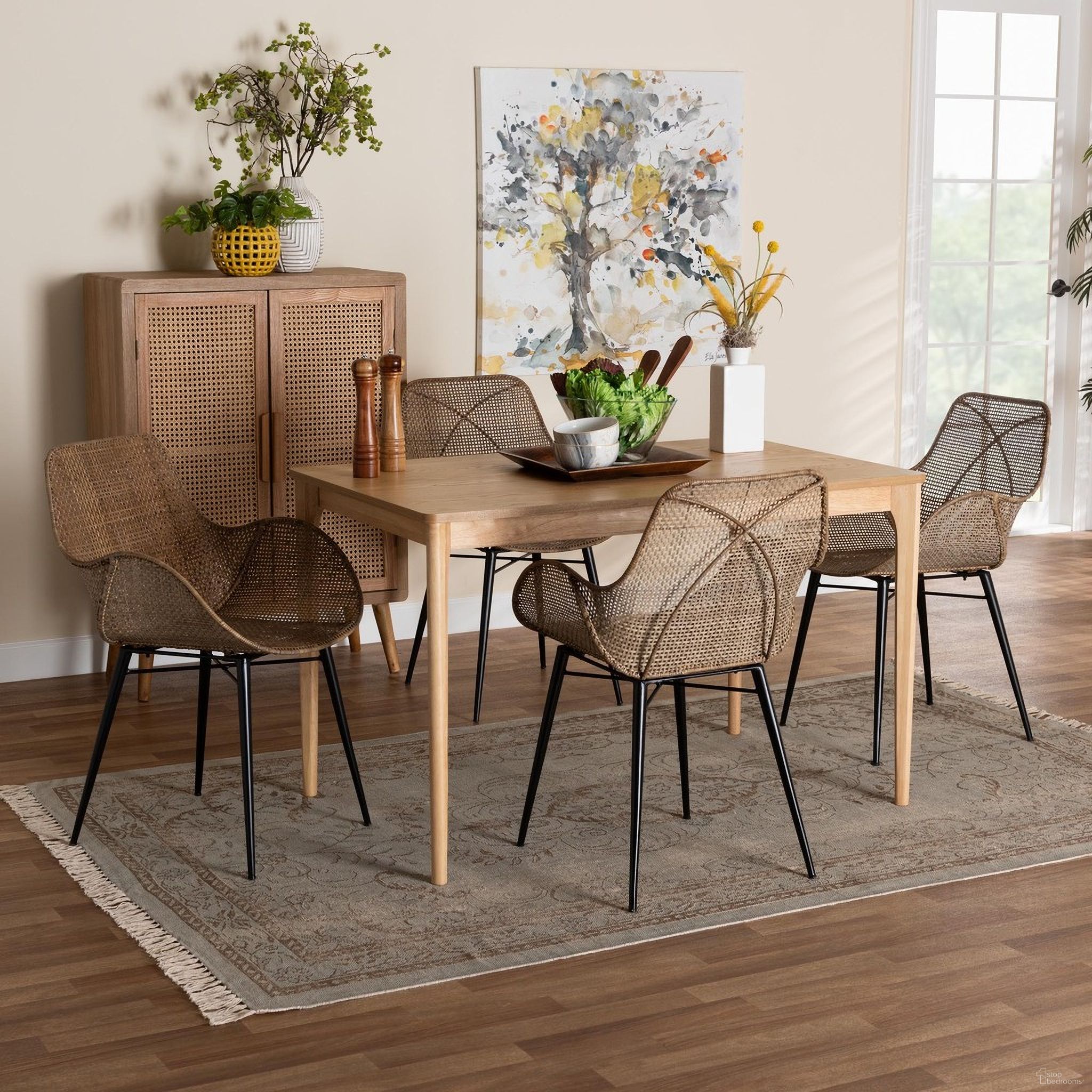 The appearance of Ballerina Rattan and Metal 5 Piece Dining Set In Natural and Light Gray designed by Baxton Studio in the bohemian interior design. This natural and light grey piece of furniture was selected by 1StopBedrooms from Ballerina Collection to add a touch of cosiness and style into your home. Sku: KYG006C-Natural Oak/Light Grey-5PC Dining Set. Material: Natural Rattan.