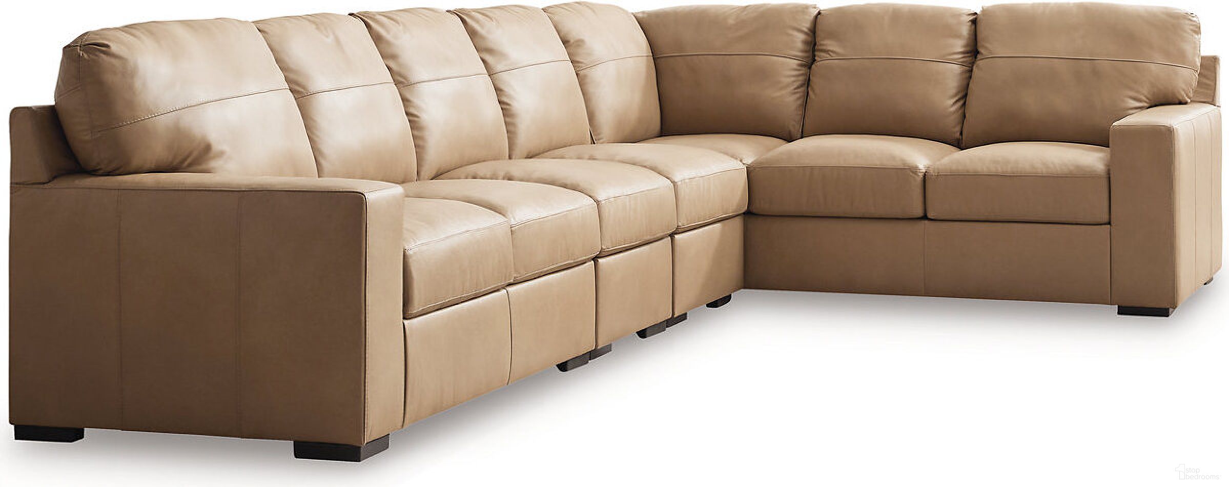 The appearance of Bandon 4-Piece RAF Sectional In Toffee designed by Signature Design by Ashley in the modern / contemporary interior design. This toffee piece of furniture  was selected by 1StopBedrooms from Bandon Collection to add a touch of cosiness and style into your home. Sku: 3800655;3800646;3800646;3800649. Material: Leather. Layout: L-Shape.
