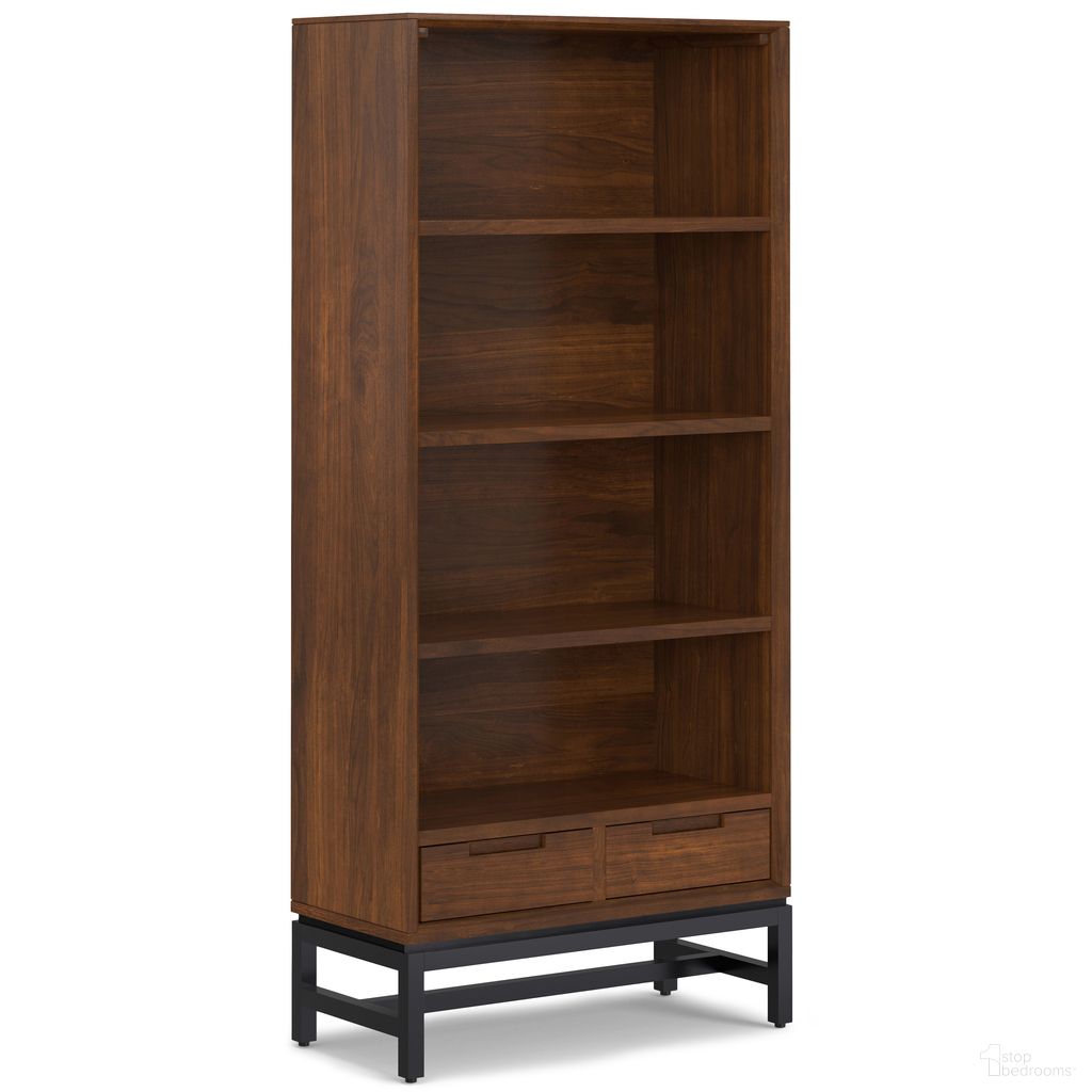 The appearance of Banting Solid Wood Mid Century Bookcase In Walnut Veneer designed by Simpli Home in the industrial interior design. This walnut veneer piece of furniture  was selected by 1StopBedrooms from Banting Collection to add a touch of cosiness and style into your home. Sku: AXCBAN-12-WAL. Material: Walnut Veneer.