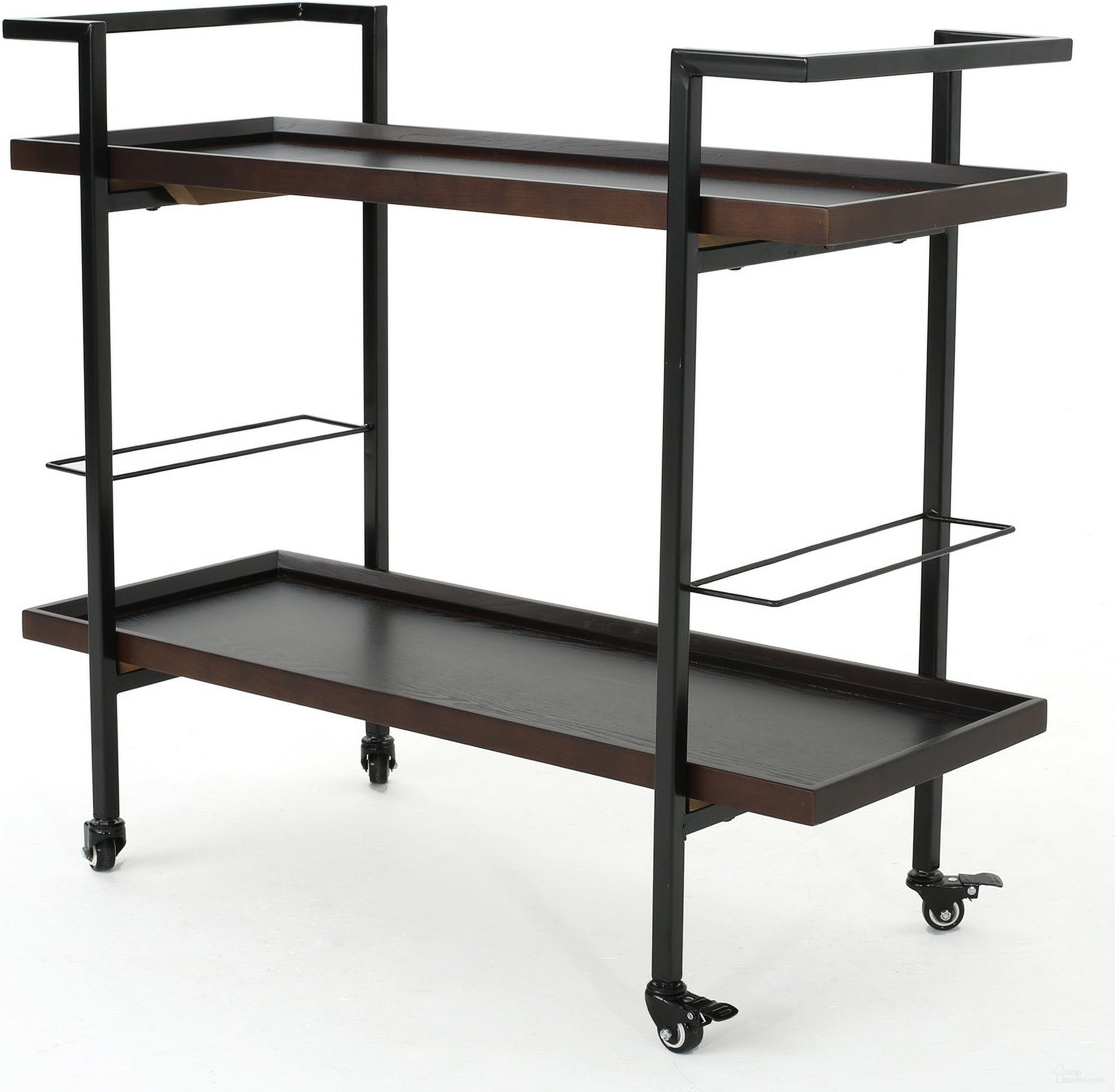 Bar Cart with Shelving and Lockable Rolling Wheels In Walnut
