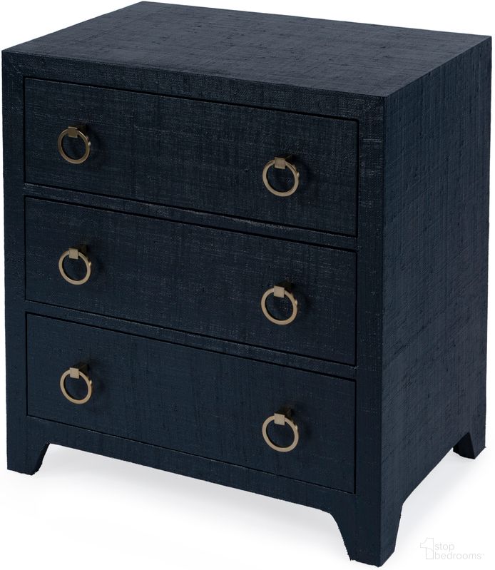 The appearance of Bar Harbor Raffia 3 Drawer Nightstand In Navy Blue designed by Butler Specialty Company in the traditional interior design. This navy blue piece of furniture  was selected by 1StopBedrooms from Bar Harbor Collection to add a touch of cosiness and style into your home. Sku: 5667410. Material: Wood.