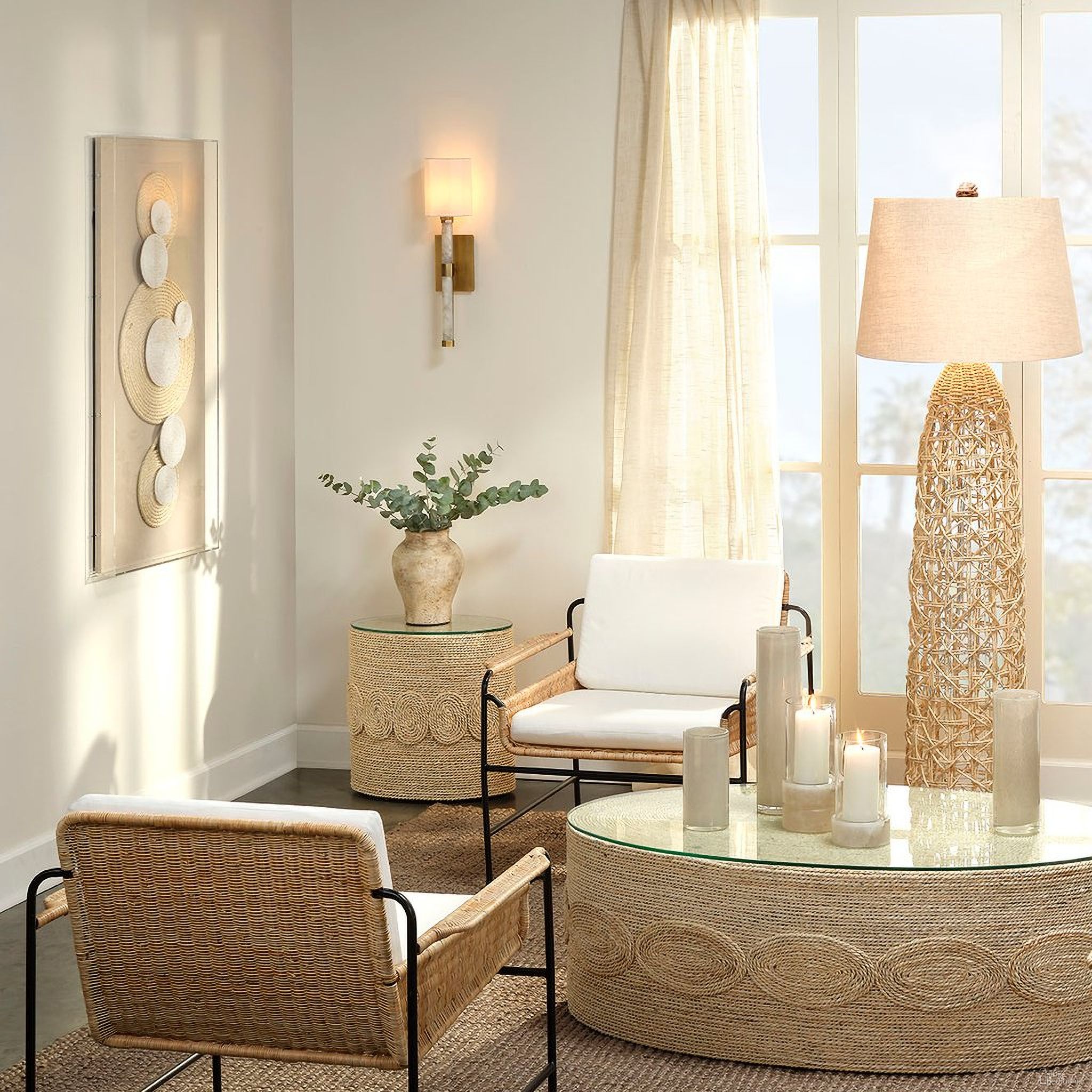 The appearance of Barbados Occasional Table Set In Off White designed by Jamie Young Company in the coastal interior design. This off white piece of furniture  was selected by 1StopBedrooms from Barbados Collection to add a touch of cosiness and style into your home. Sku: 20BARB-CTOW;20BARB-STOW. Material: Glass.