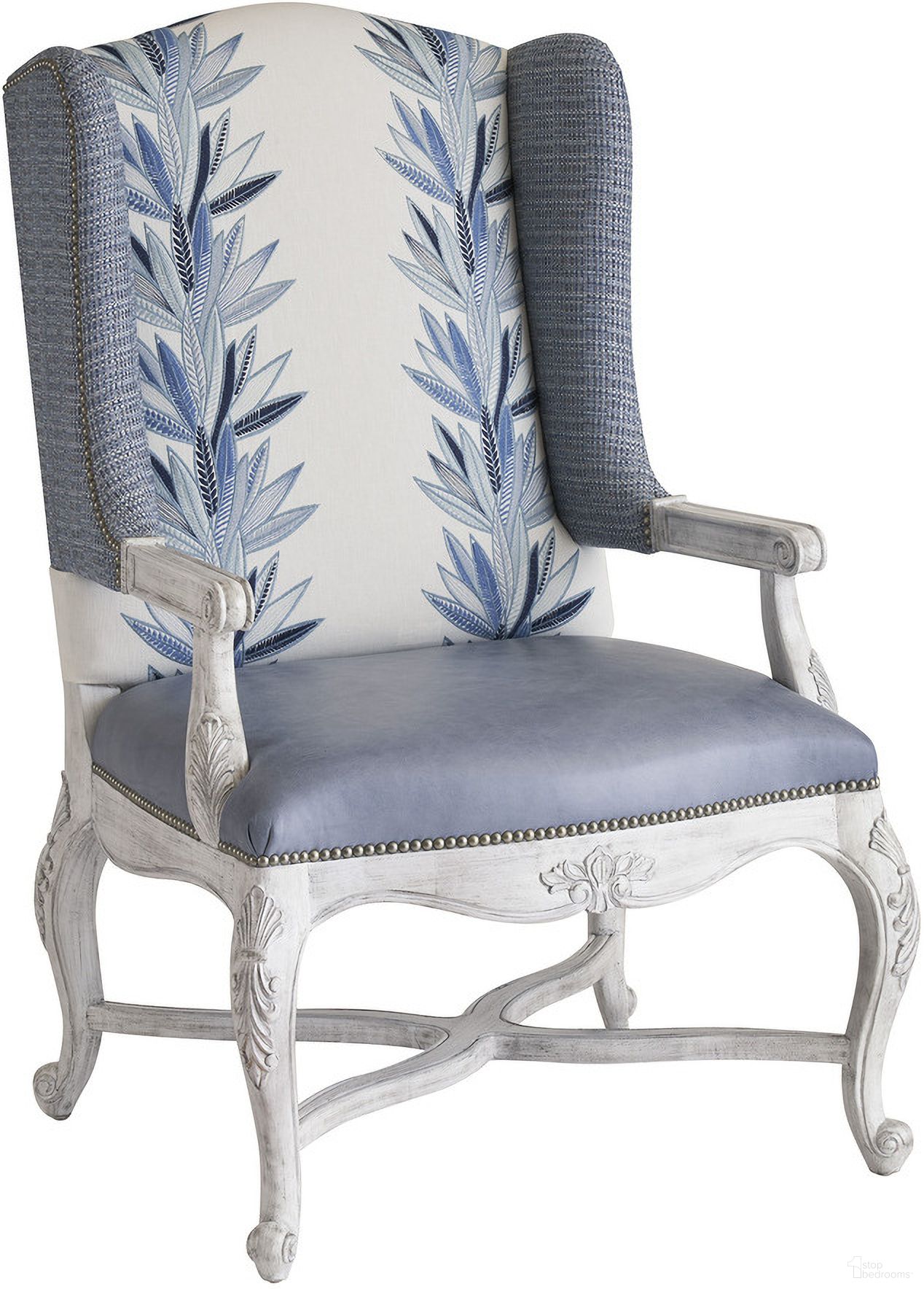 The appearance of Barclay Butera Upholstery Patras Leather Chair In Blue designed by Barclay Butera in the modern / contemporary interior design. This blue piece of furniture  was selected by 1StopBedrooms from Barclay Butera Upholstery Collection to add a touch of cosiness and style into your home. Sku: LL5575-11-40. Material: Maple.