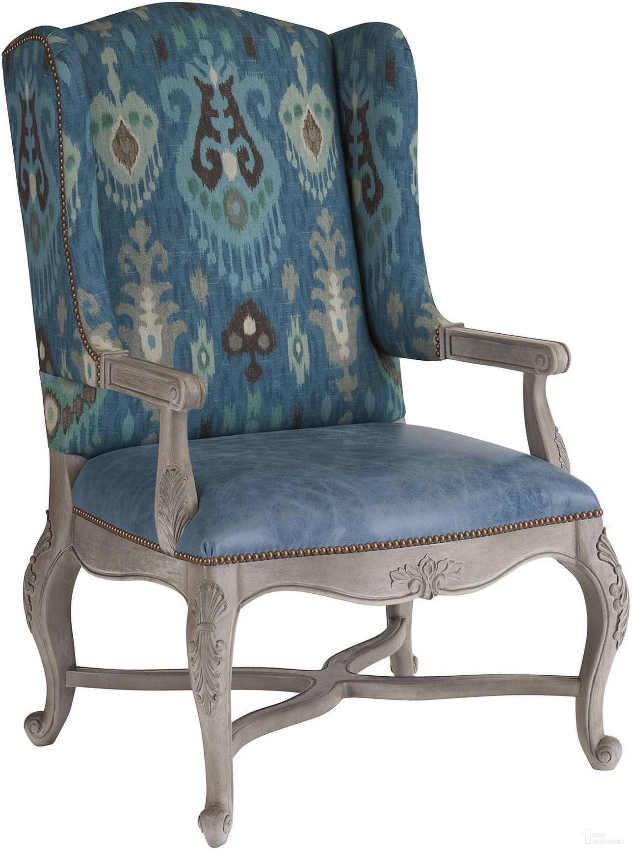 The appearance of Patras Leather Chair In Blue designed by Barclay Butera in the modern / contemporary interior design. This blue piece of furniture  was selected by 1StopBedrooms from Barclay Butera Upholstery Collection to add a touch of cosiness and style into your home. Sku: LL5575-11-42. Material: Maple.