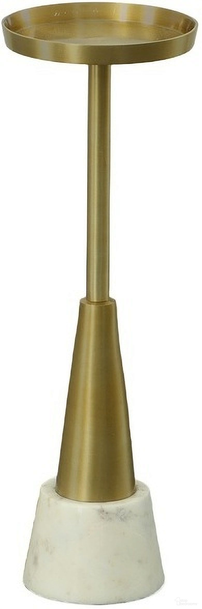 The appearance of Barclay Small Drink Table In Gold and White designed by Carolina Living in the modern / contemporary interior design. This gold and white piece of furniture  was selected by 1StopBedrooms from Barclay Collection to add a touch of cosiness and style into your home. Sku: CC-824WM-GLD. Material: Aluminum.