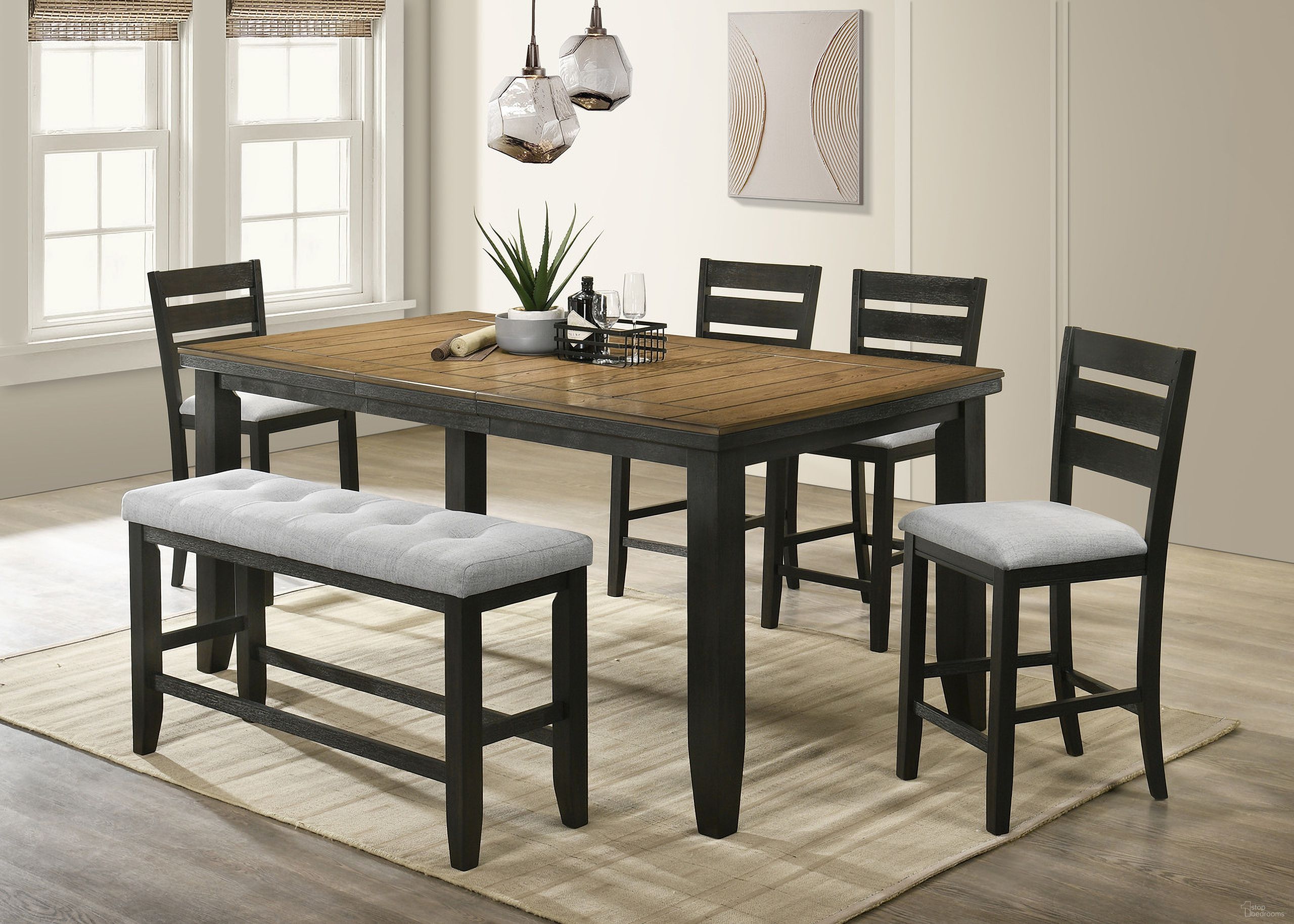 The appearance of Bardstown Counter Height Dining Set In Wheat Charcoal designed by Crown Mark in the transitional interior design. This wheat charcoal piece of furniture was selected by 1StopBedrooms from Bardstown Collection to add a touch of cosiness and style into your home. Sku: 2752WC-T-4278;2752WC-S-24. Material: MDF. Table Top Shape: Rectangular. Size: 42" x 78".