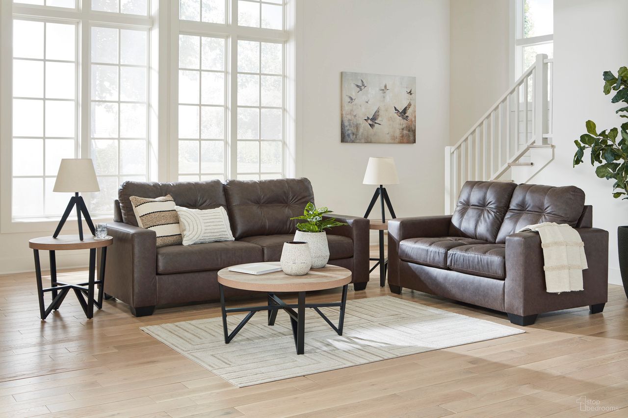 The appearance of Barlin Mills Living Room Set In Umber designed by Signature Design by Ashley in the modern / contemporary interior design. This umber piece of furniture  was selected by 1StopBedrooms from Barlin Mills Collection to add a touch of cosiness and style into your home. Sku: 1700338;1700335. Material: Fabric.