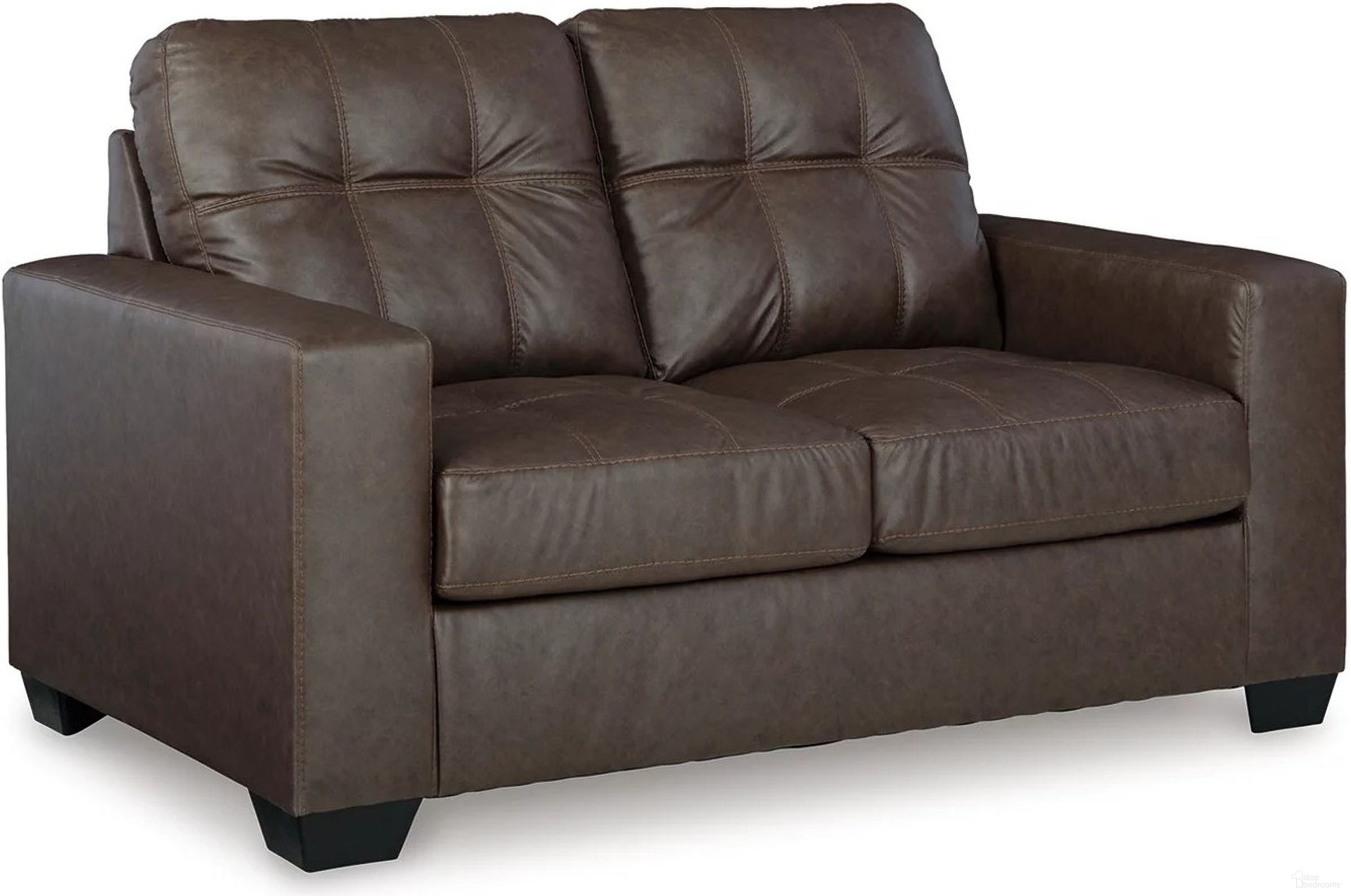 The appearance of Barlin Mills Loveseat In Umber designed by Signature Design by Ashley in the modern / contemporary interior design. This umber piece of furniture was selected by 1StopBedrooms from Barlin Mills Collection to add a touch of cosiness and style into your home. Sku: 1700335. Material: Faux Leather.