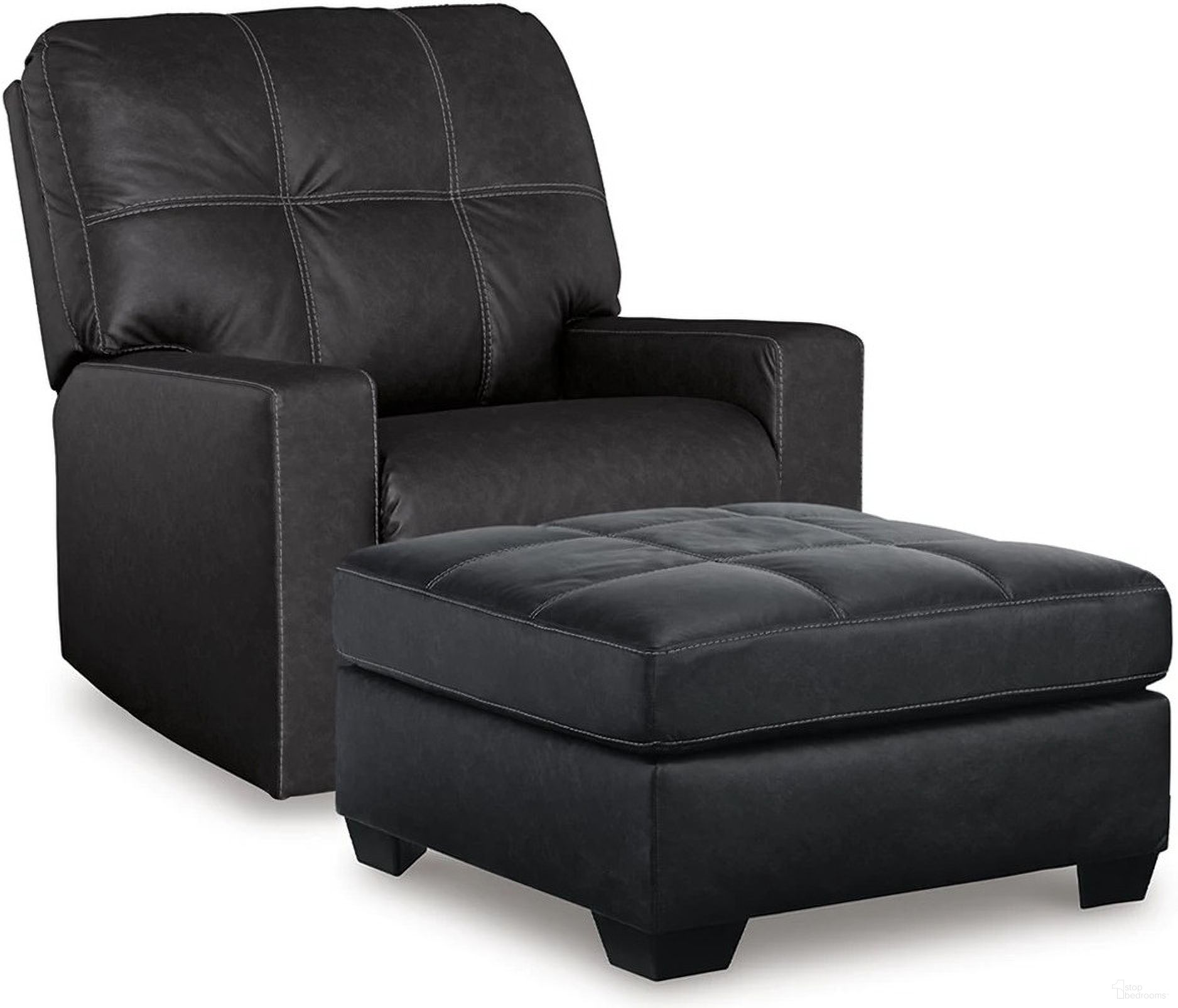 The appearance of Barlin Mills Recliner and Oversized Accent Ottoman In Carbon designed by Signature Design by Ashley in the modern / contemporary interior design. This carbon piece of furniture  was selected by 1StopBedrooms from Barlin Mills Collection to add a touch of cosiness and style into your home. Sku: 1700425;1700408. Material: Faux Leather.
