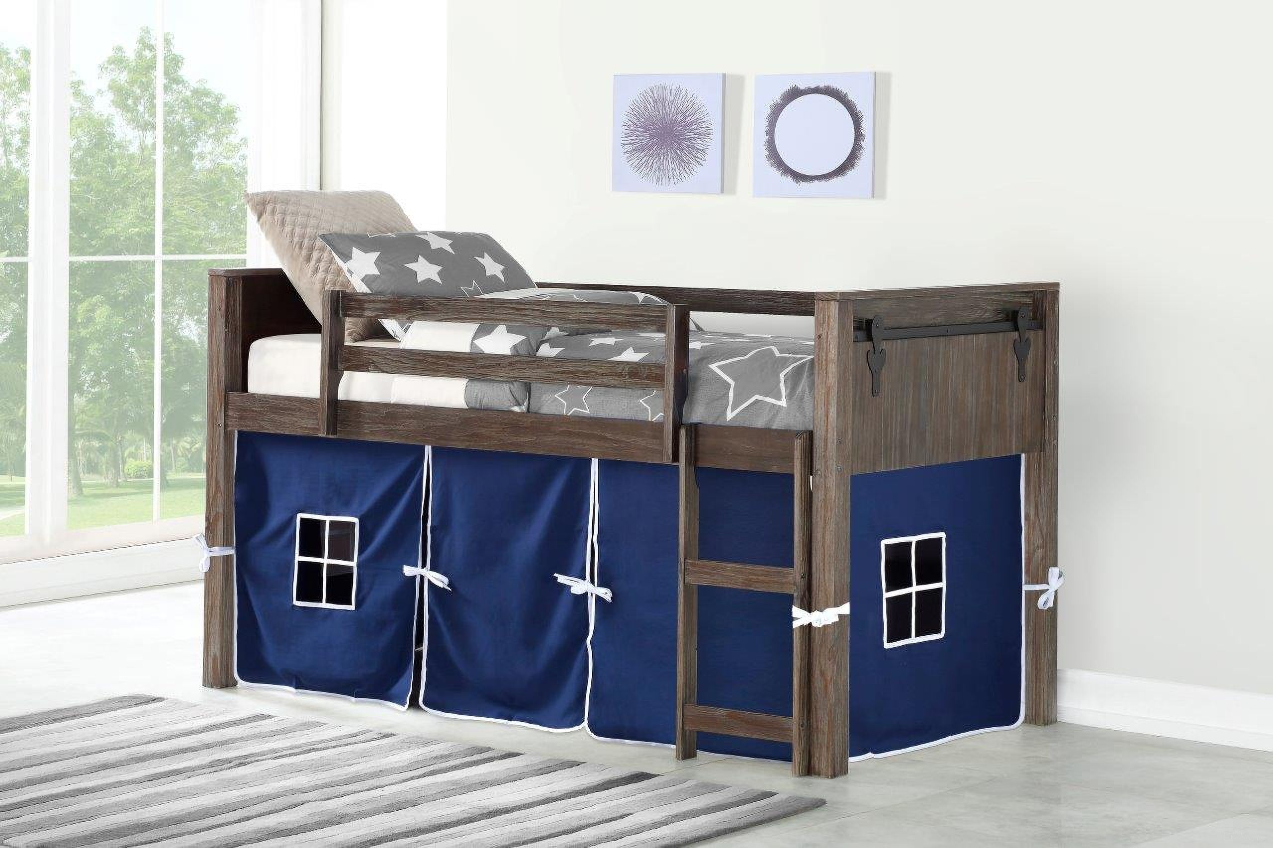 The appearance of Barn Door Low Loft Brushed Shadow W-Blue Tent Kit designed by DONCO kids in the country / farmhouse interior design. This blue piece of furniture  was selected by 1StopBedrooms from  to add a touch of cosiness and style into your home. Sku: 0318A-TBS_750C-TB. Material: Wood. Bed Size: Twin. Bed Type: Loft Bed.