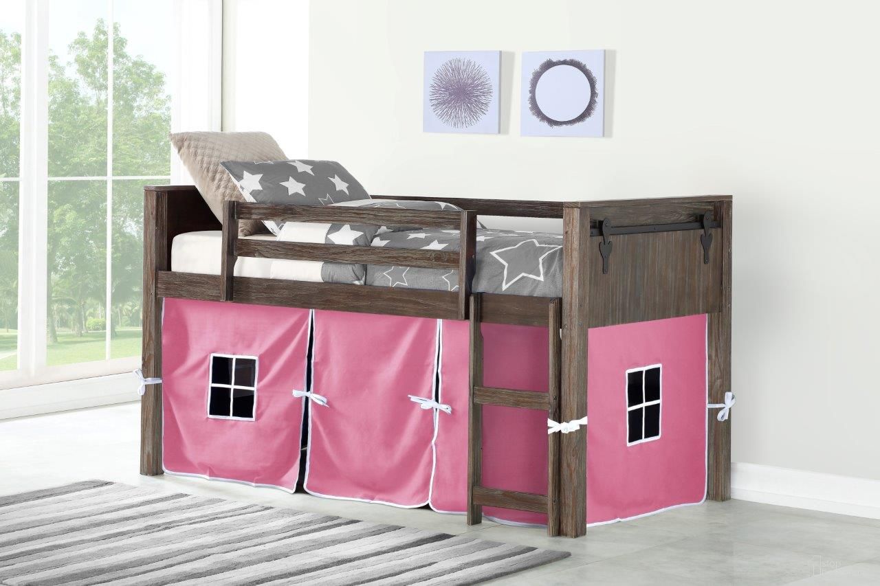 The appearance of Barn Door Low Loft Brushed Shadow W-Pink Tent Kit designed by DONCO kids in the country / farmhouse interior design. This pink piece of furniture was selected by 1StopBedrooms from to add a touch of cosiness and style into your home. Sku: 0318A-TBS_750C-TP. Material: Wood. Bed Size: Twin. Bed Type: Loft Bed.