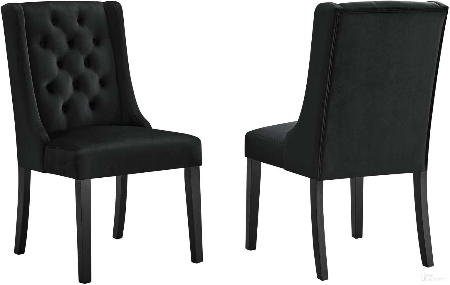 The appearance of Baronet Performance Velvet Dining Chair Set Of 2 In Black designed by Modway in the modern / contemporary interior design. This black piece of furniture  was selected by 1StopBedrooms from Baronet Collection to add a touch of cosiness and style into your home. Sku: EEI-5013-BLK. Material: Wood. Chair Type: Side Chair.