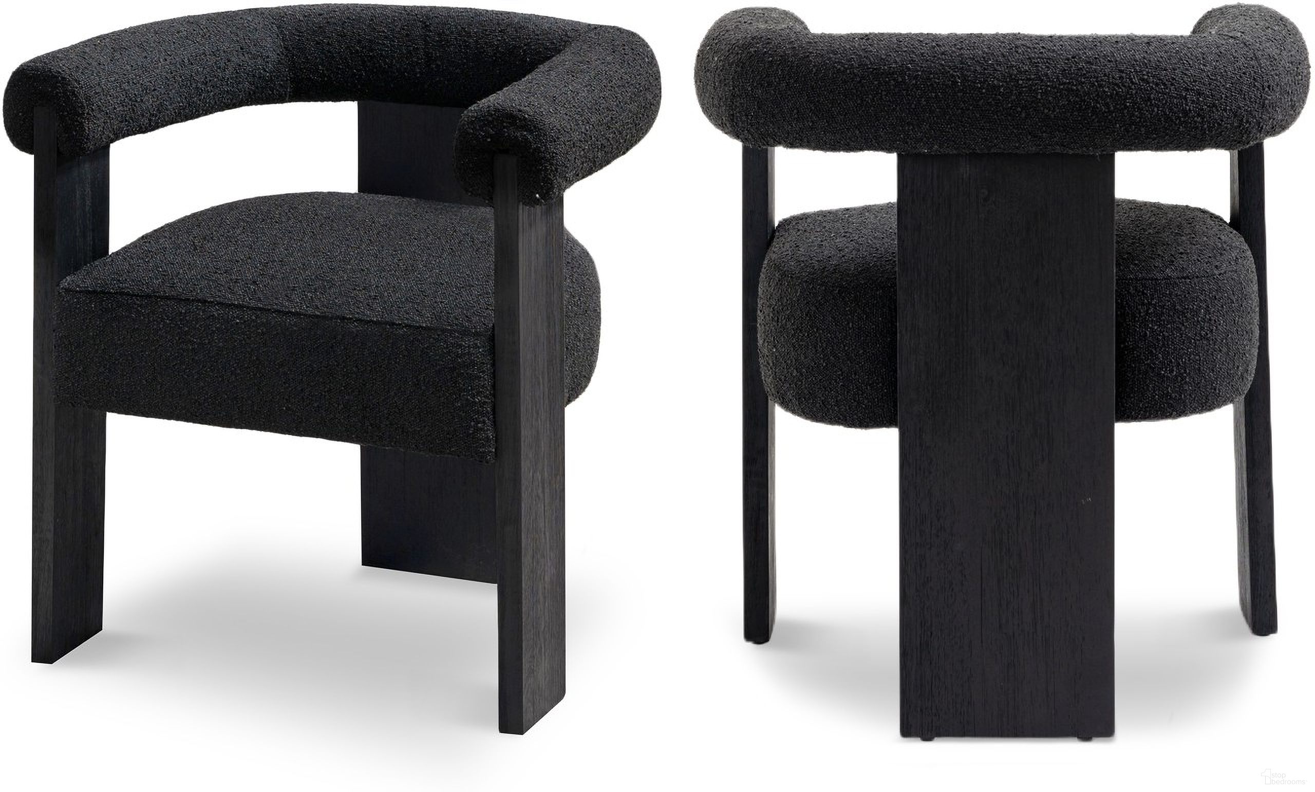 The appearance of Barrel Boucle Fabric Dining Chair In Black designed by Meridian in the transitional interior design. This black piece of furniture  was selected by 1StopBedrooms from Barrel Collection to add a touch of cosiness and style into your home. Sku: 565Black-C. Material: Rubberwood. Chair Type: Arm Chair.