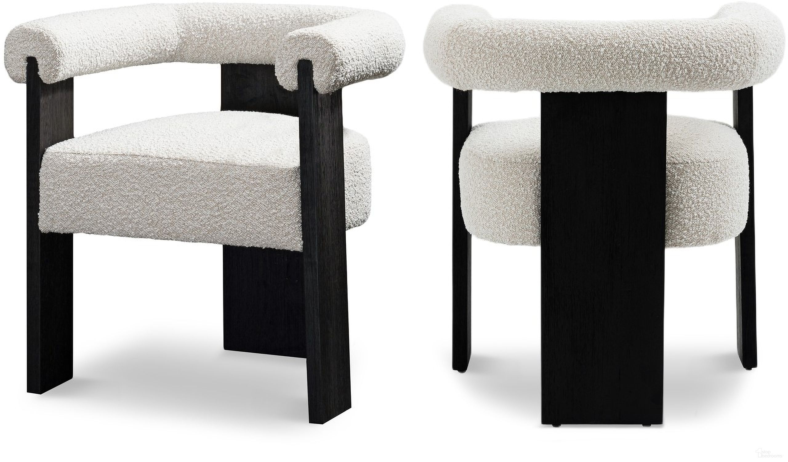 The appearance of Barrel Boucle Fabric Dining Chair In Cream/Black designed by Meridian in the transitional interior design. This cream piece of furniture was selected by 1StopBedrooms from Barrel Collection to add a touch of cosiness and style into your home. Sku: 565Cream-C. Material: Rubberwood. Chair Type: Arm Chair.