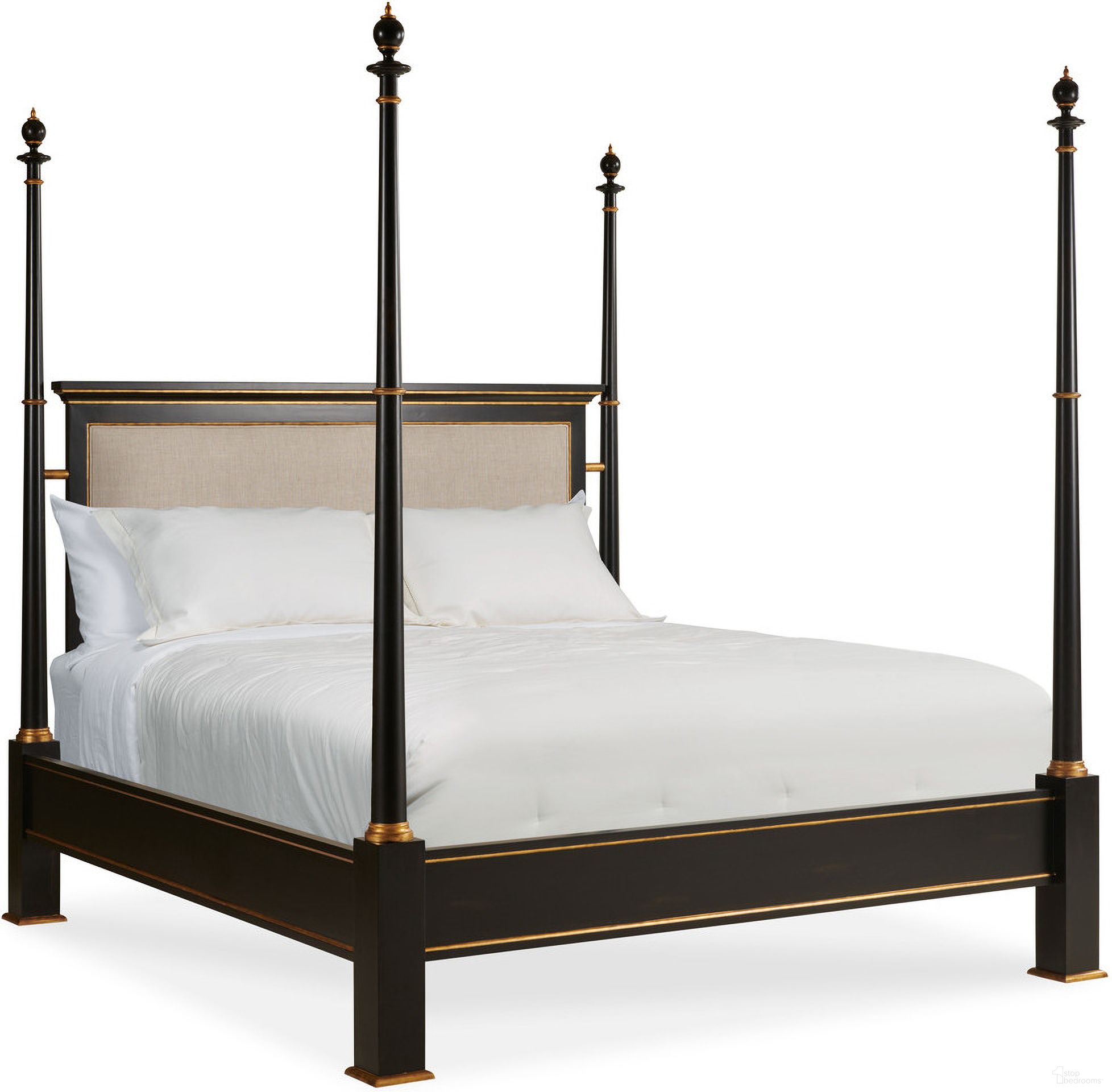 The appearance of Barrington King Poster Bed In Black and Gold designed by Century Furniture in the modern / contemporary interior design. This black and gold piece of furniture was selected by 1StopBedrooms from Monarch Collection to add a touch of cosiness and style into your home. Sku: MN5490K-F;MN5490K-H;MN5490K-R. Bed Type: Poster Bed. Bed Size: King. Material: Poplar Solid.