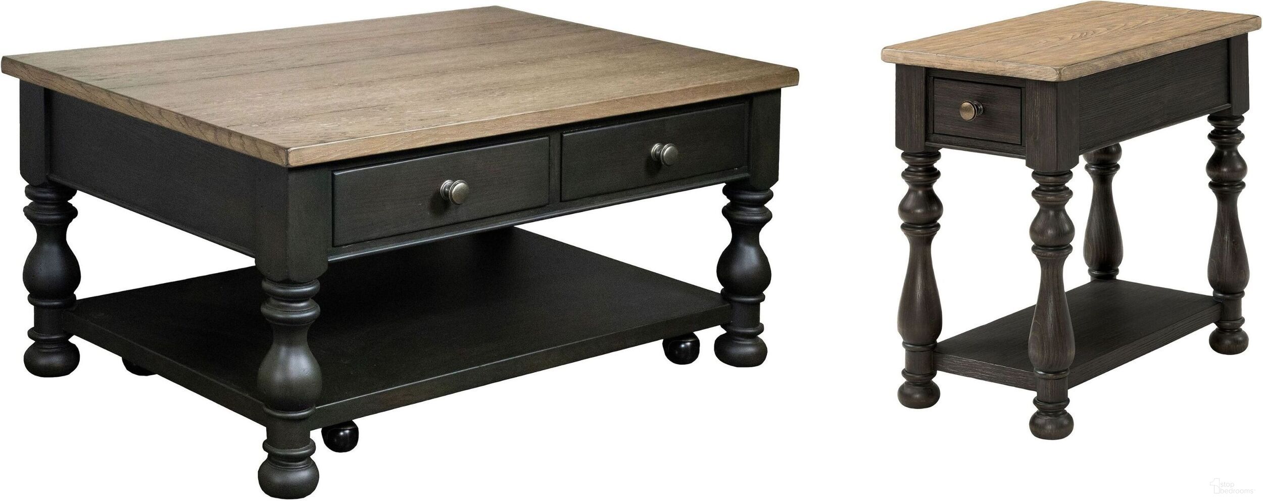 The appearance of Barrington Two Tone Antique Oak and Matte Black Rectangle Occasional Table Set designed by Riverside Furniture in the transitional interior design. This black and brown piece of furniture  was selected by 1StopBedrooms from Barrington Two Tone Collection to add a touch of cosiness and style into your home. Sku: 32302;32312. Material: Wood.