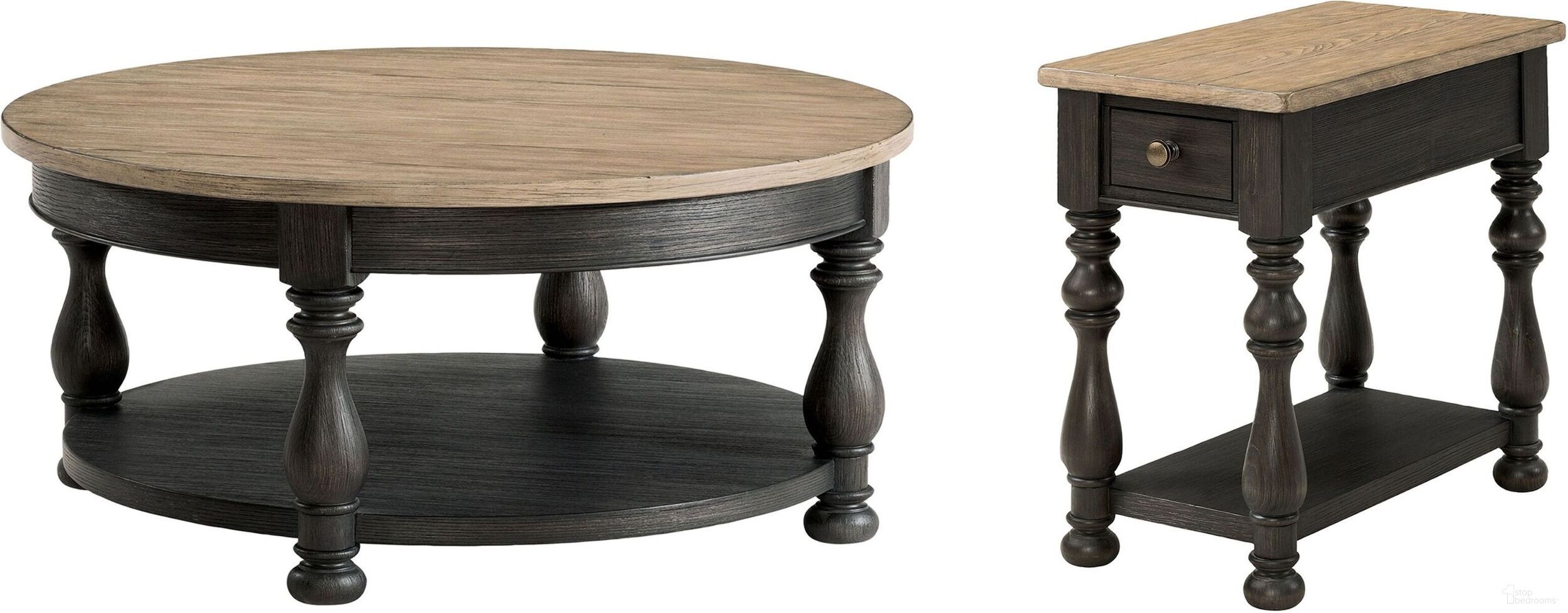 The appearance of Barrington Two Tone Antique Oak and Matte Black Round Occasional Table Set designed by Riverside Furniture in the transitional interior design. This black and brown piece of furniture  was selected by 1StopBedrooms from Barrington Two Tone Collection to add a touch of cosiness and style into your home. Sku: 32301;32312. Material: Wood.