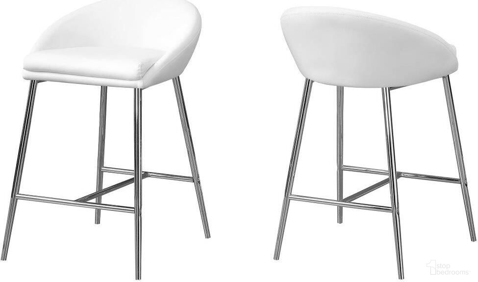 The appearance of Barstool Set Of 2 White Chrome Base Counter Height designed by Monarch Specialties in the modern / contemporary interior design. This white piece of furniture was selected by 1StopBedrooms from to add a touch of cosiness and style into your home. Sku: I 2296. Material: MDF.