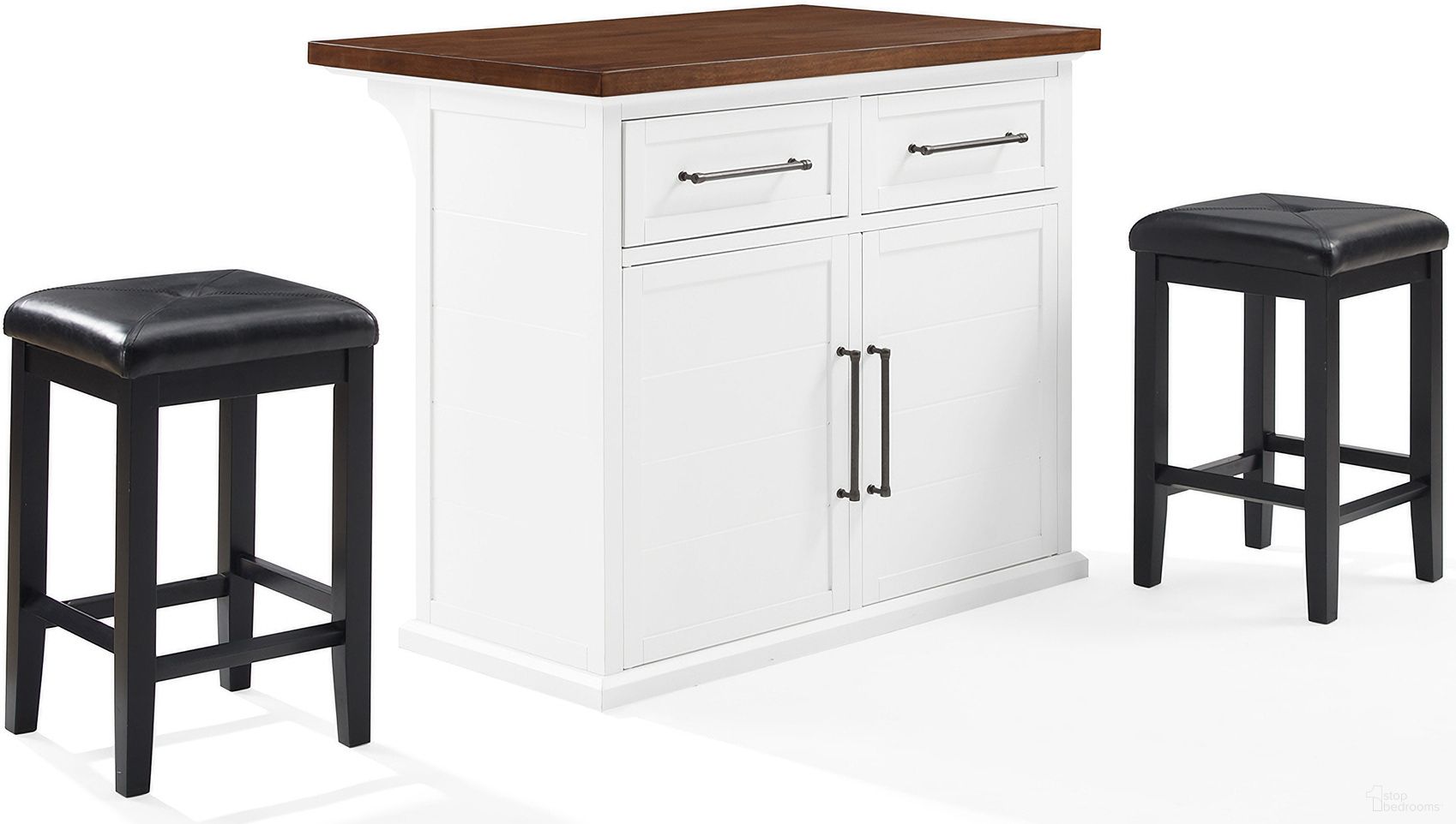 Bartlett Wood Top Kitchen Island W/Uph Square Stools In White and Black