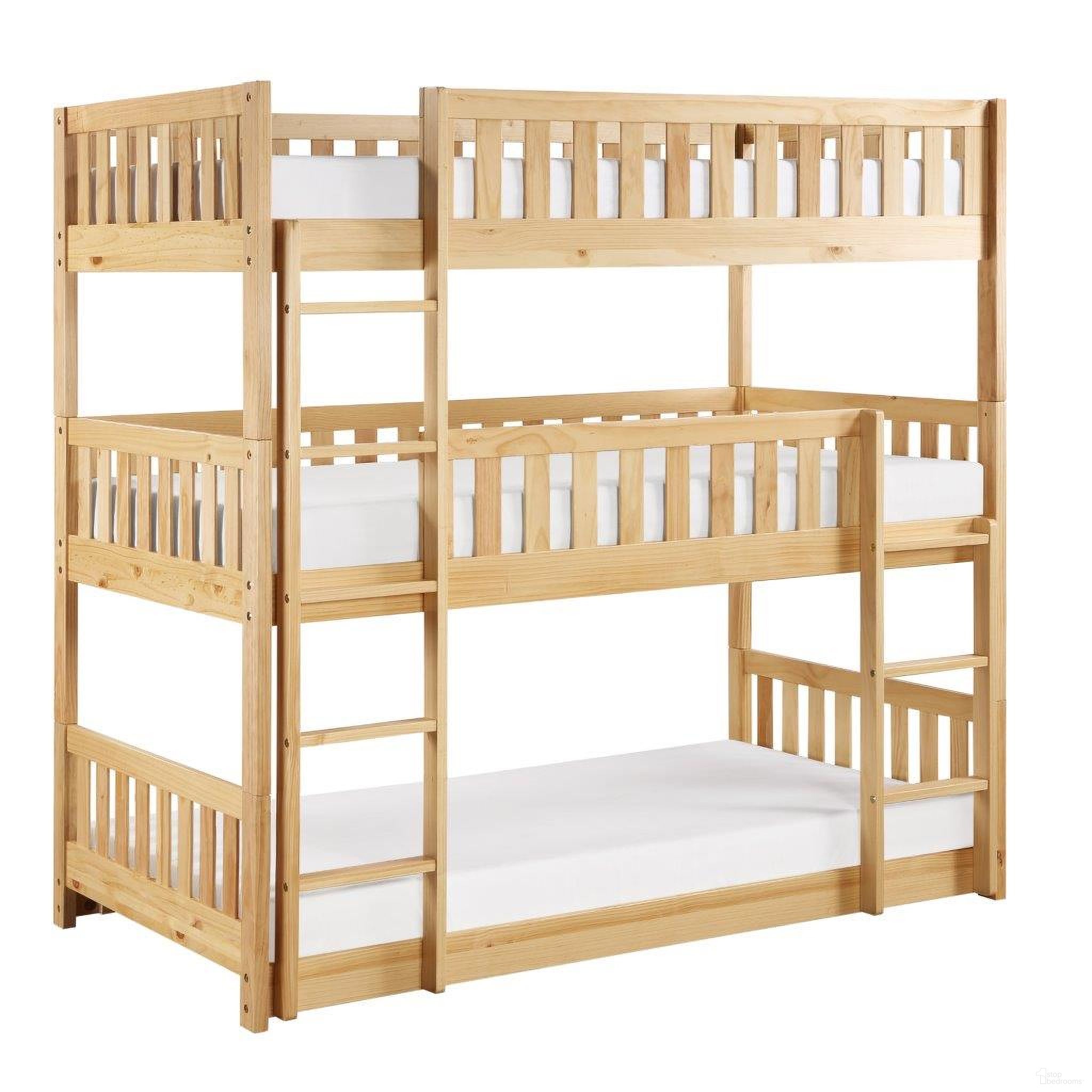 The appearance of Bartly Natural Pine Triple Bunk Bed designed by Homelegance in the transitional interior design. This beige piece of furniture was selected by 1StopBedrooms from Bartly Collection to add a touch of cosiness and style into your home. Sku: B2043TTT-1;B2043TTT-2;B2043TTT-SL. Bed Type: Bunk Bed. Material: Wood. Bed Size: Twin Over Twin.