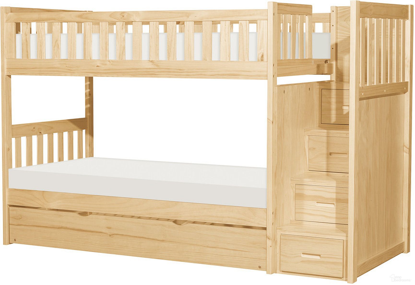 The appearance of Bartly Twin/Twin Step Bunk Bed with Twin Trundle In Natural designed by Homelegance in the modern / contemporary interior design. This natural piece of furniture was selected by 1StopBedrooms from Bartly Collection to add a touch of cosiness and style into your home. Sku: B2043SB-1;B2043SB-2;B2043SB-SL;B2043SB-3;B2043-R. Bed Type: Bunk Bed. Material: Wood. Bed Size: Twin Over Twin.