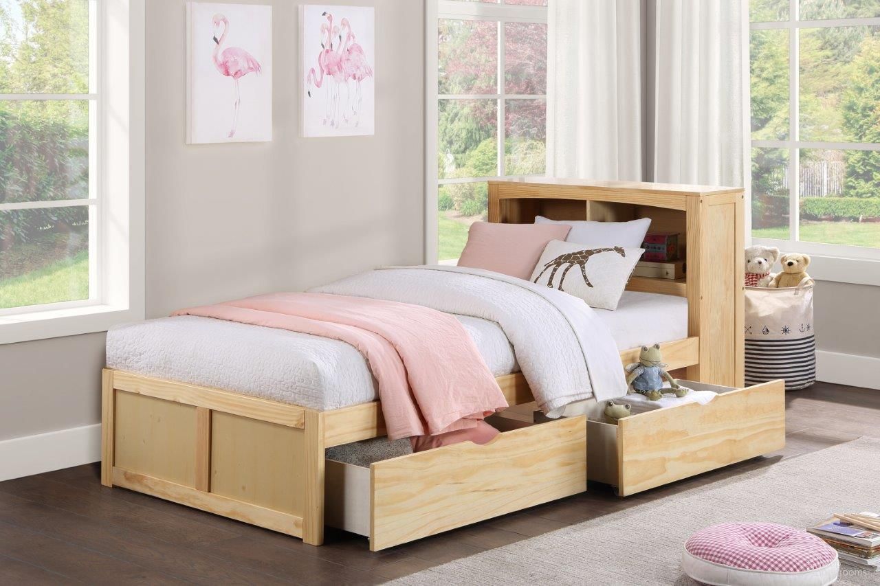 The appearance of Bartly Natural Pine Youth Bookcase Bedroom Set With Storage Boxes designed by Homelegance in the transitional interior design. This beige piece of furniture was selected by 1StopBedrooms from Bartly Collection to add a touch of cosiness and style into your home. Sku: B2043BC-1T;B2043-4. Bed Type: Bookcase Bed. Material: Wood. Bed Size: Twin.