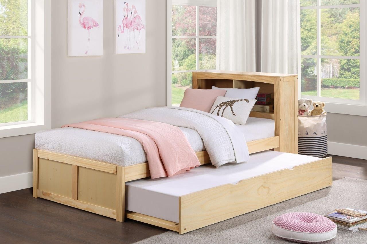 The appearance of Bartly Natural Pine Youth Bookcase Bedroom Set With Trundle designed by Homelegance in the transitional interior design. This beige piece of furniture  was selected by 1StopBedrooms from Bartly Collection to add a touch of cosiness and style into your home. Sku: B2043BC-1R;B2043-4. Bed Type: Bookcase Bed. Material: Wood. Bed Size: Twin.