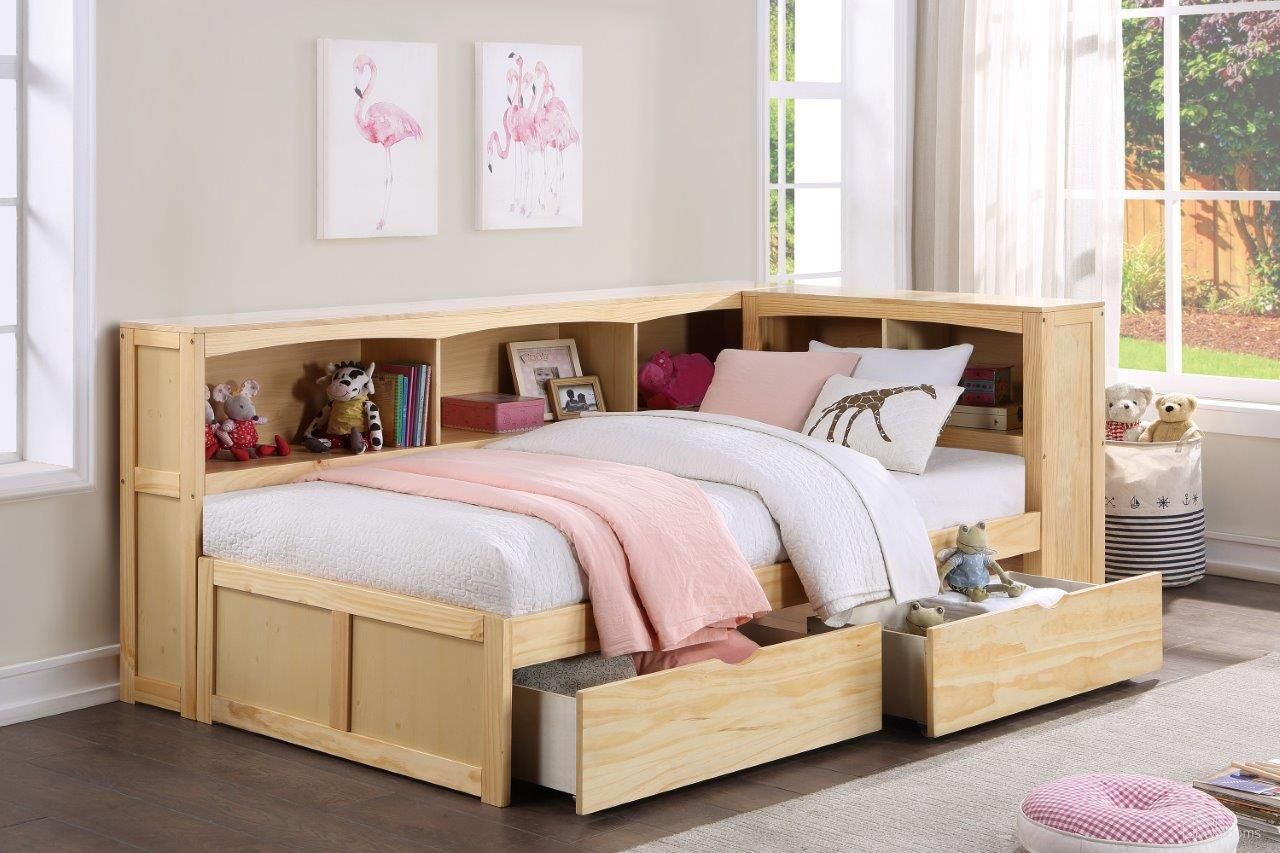 The appearance of Bartly Natural Pine Youth Bookcase Corner Bedroom Set With Storage Boxes designed by Homelegance in the transitional interior design. This beige piece of furniture was selected by 1StopBedrooms from Bartly Collection to add a touch of cosiness and style into your home. Sku: B2043BC-1BCT;B2043-4. Bed Type: Bookcase Bed. Material: Wood. Bed Size: Twin.