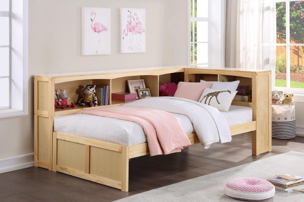 The appearance of Bartly Natural Pine Youth Bookcase Corner Bedroom Set designed by Homelegance in the transitional interior design. This beige piece of furniture was selected by 1StopBedrooms from Bartly Collection to add a touch of cosiness and style into your home. Sku: B2043BC-1BC;B2043-4. Bed Type: Bookcase Bed. Material: Wood. Bed Size: Twin.