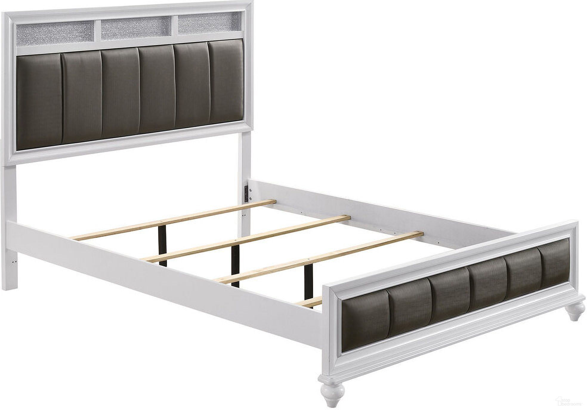 The appearance of Barzini California King Upholstered Panel Bed White designed by Coaster in the glam interior design. This white piece of furniture was selected by 1StopBedrooms from Barzini Collection to add a touch of cosiness and style into your home. Sku: 205891KWB1;205891KWB2. Bed Type: Panel Bed. Material: Wood. Bed Size: California King.