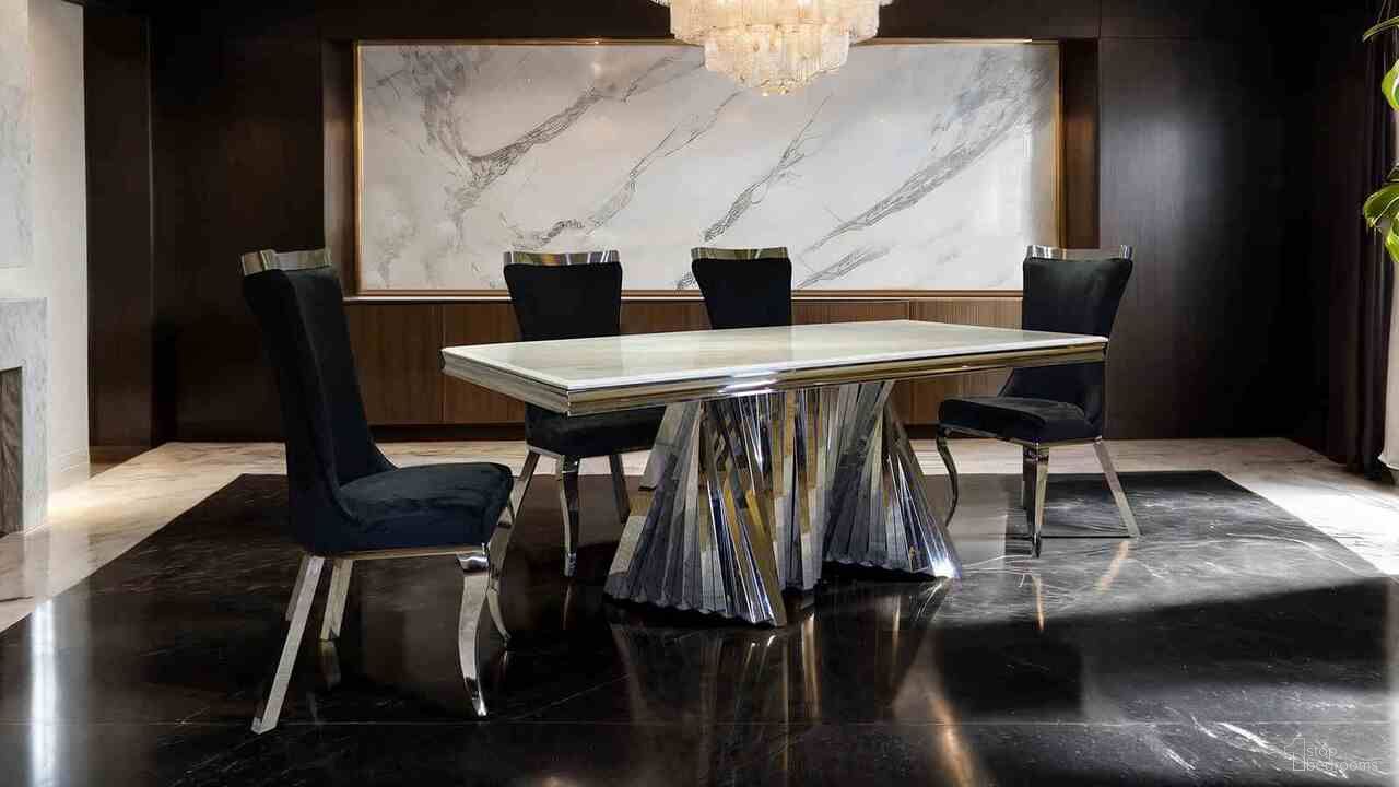 The appearance of Basilicata Dining Table In Chrome designed by Furniture of America in the glam interior design. This chrome piece of furniture was selected by 1StopBedrooms from Basilicata Collection to add a touch of cosiness and style into your home. Sku: FM33001SV-T-1;FM33001SV-T-2;FM33001SV-T-3. Table Base Style: Pedestal. Material: Fabric. Table Top Shape: Rectangular. Size: 39" x 79".