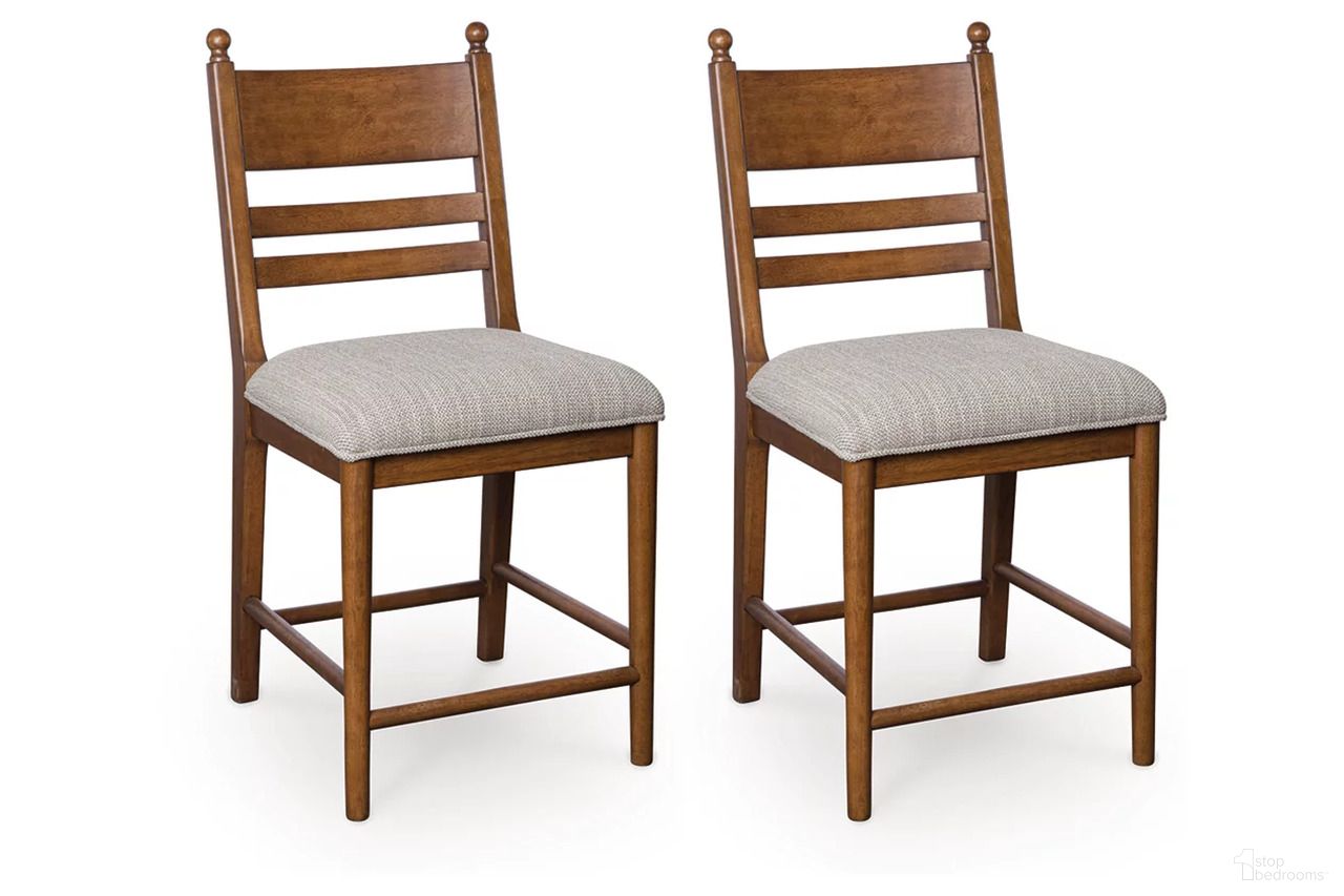 The appearance of Basinger Counter Height Barstool Set of 2 In Brown designed by Signature Design by Ashley in the traditional interior design. This brown piece of furniture was selected by 1StopBedrooms from Basinger Collection to add a touch of cosiness and style into your home. Sku: NCD824-924.