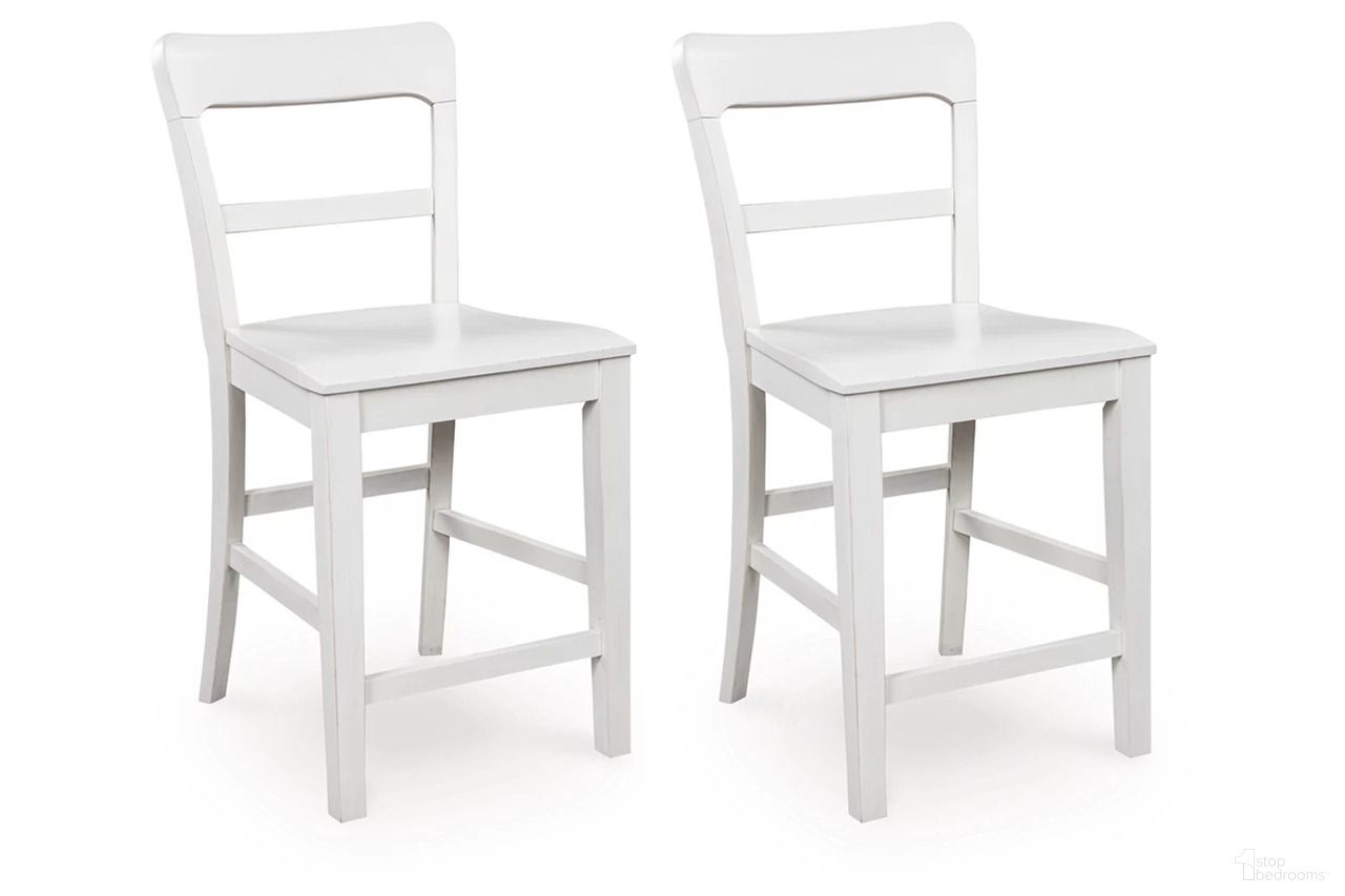 The appearance of Basinger Counter Height Barstool Set of 2 In White designed by Signature Design by Ashley in the traditional interior design. This white piece of furniture was selected by 1StopBedrooms from Basinger Collection to add a touch of cosiness and style into your home. Sku: NCD824-224. Material: Wood.