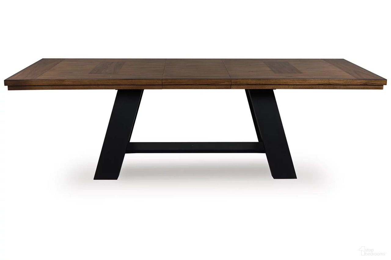 The appearance of Basinger Dining Extension Table In Brown and Black designed by Signature Design by Ashley in the traditional interior design. This brown/black piece of furniture was selected by 1StopBedrooms from Basinger Collection to add a touch of cosiness and style into your home. Sku: NCD824-55B;NCD824-55T. Table Base Style: Legs. Table Top Shape: Rectangular. Size: 98" x 40".