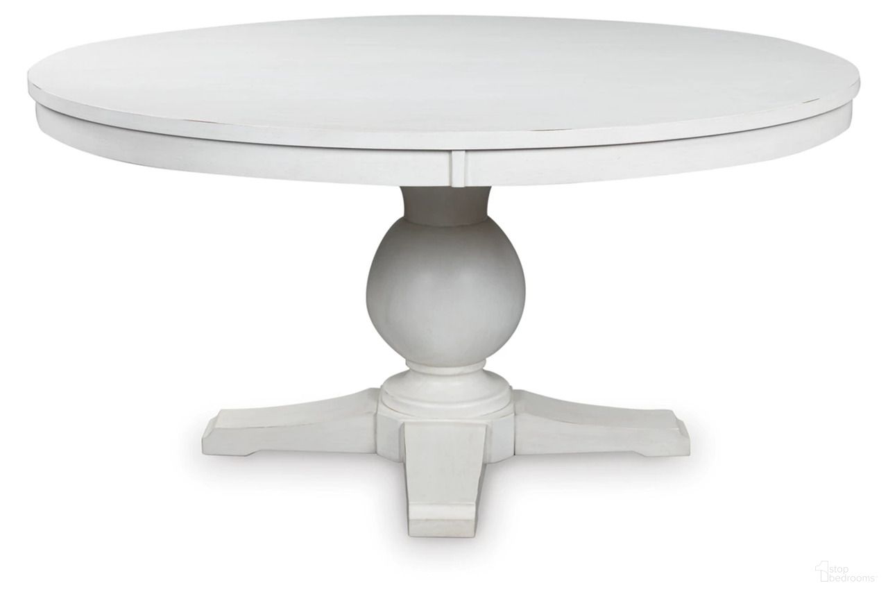 The appearance of Basinger Dining Table In White designed by Signature Design by Ashley in the traditional interior design. This white piece of furniture was selected by 1StopBedrooms from Basinger Collection to add a touch of cosiness and style into your home. Sku: NCD824-50B;NCD824-50T. Table Base Style: Pedestal. Table Top Shape: Round. Size: 60".
