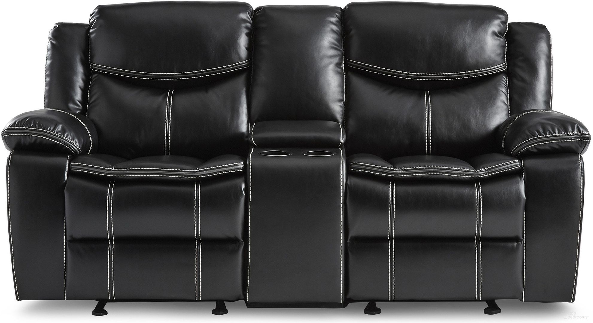 The appearance of Bastrop Black Double Glider Reclining Console Loveseat designed by Homelegance in the transitional interior design. This black piece of furniture  was selected by 1StopBedrooms from Bastrop Collection to add a touch of cosiness and style into your home. Sku: 8230BLK-2. Material: Vinyl.