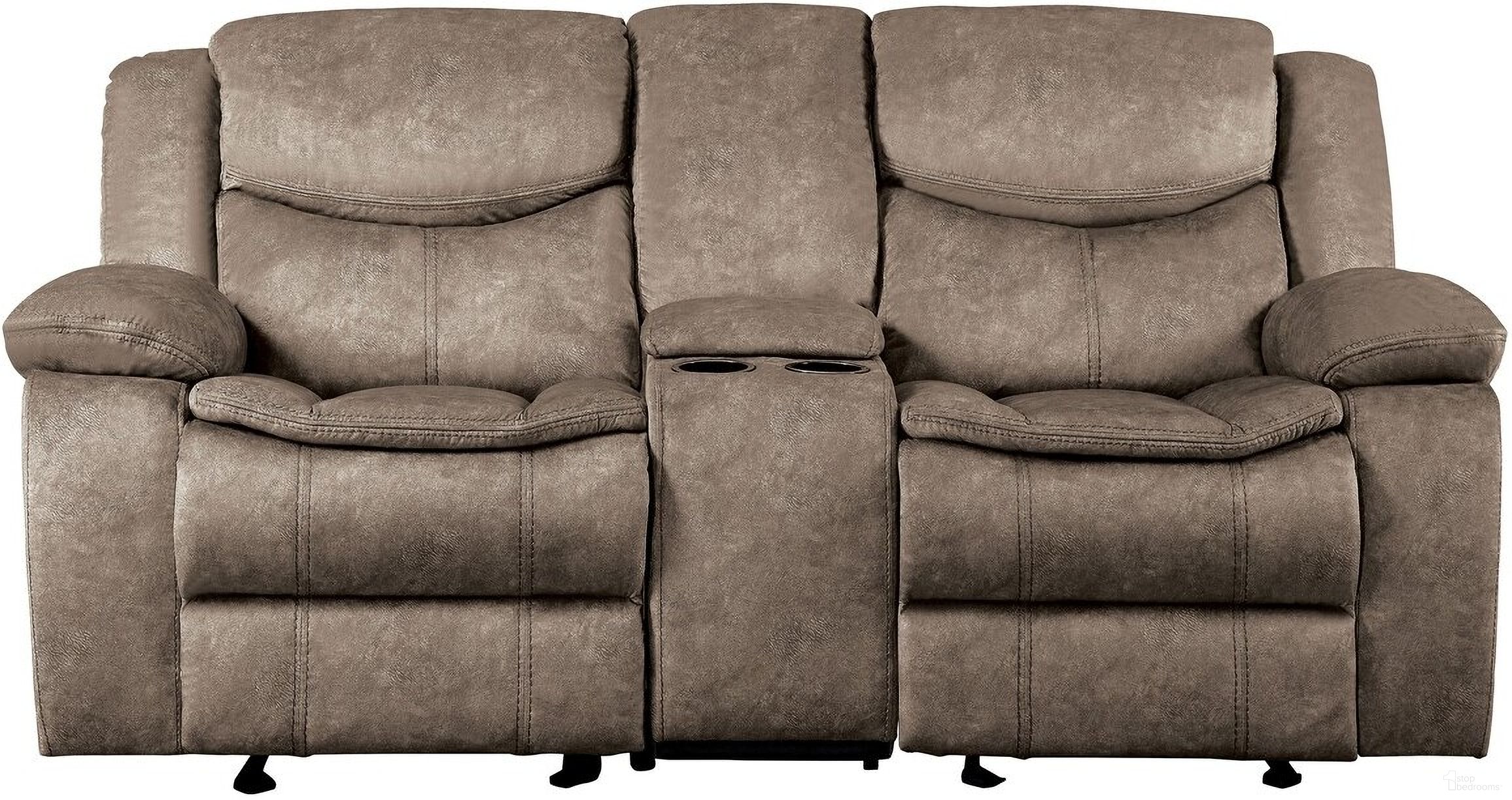 The appearance of Bastrop Double Glider Reclining Loveseat with Center Console In Brown designed by Homelegance in the traditional interior design. This brown piece of furniture  was selected by 1StopBedrooms from Bastrop Collection to add a touch of cosiness and style into your home. Sku: 8230FBR-2. Material: Faux Leather.