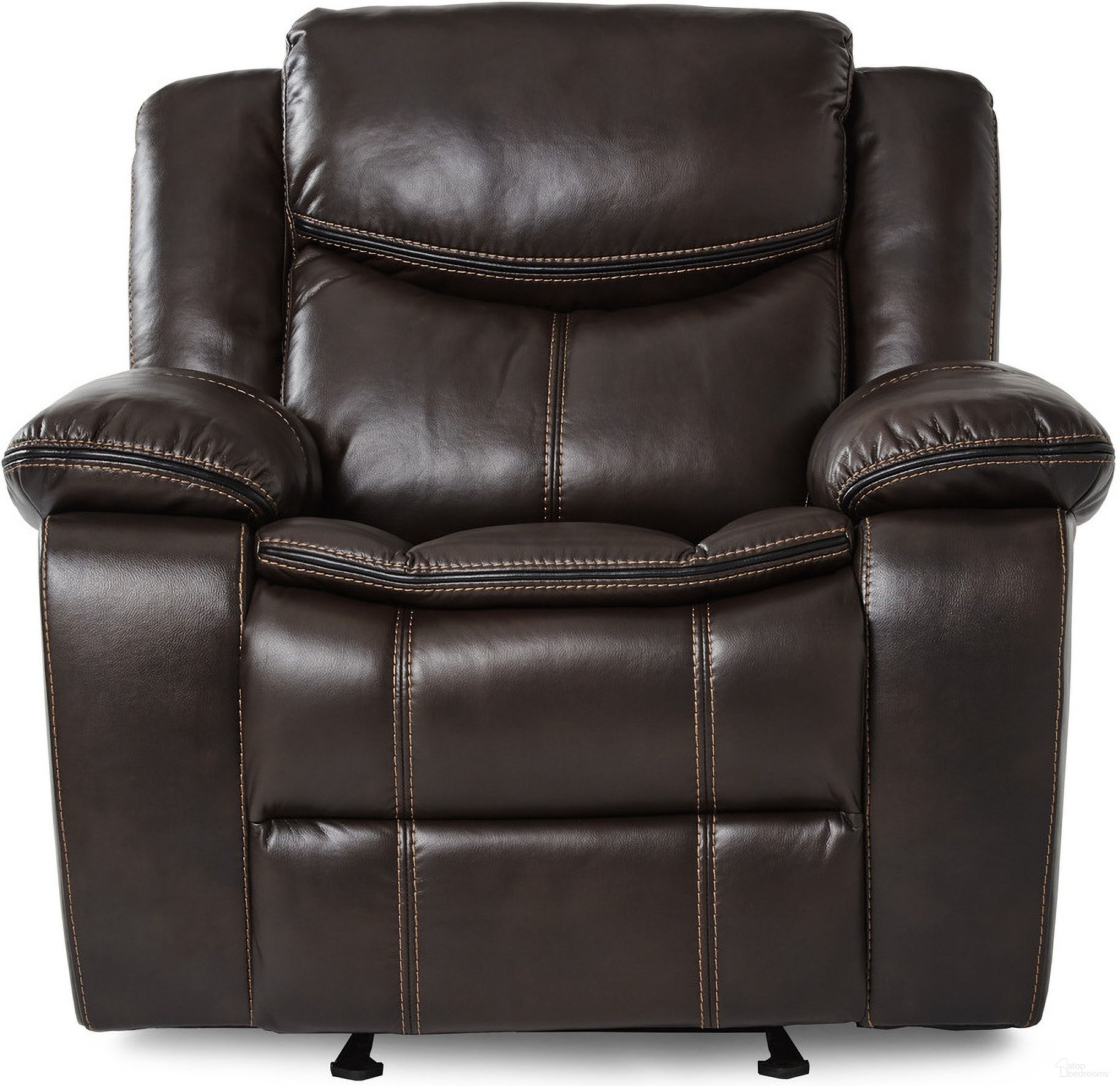 The appearance of Bastrop Faux Leather Glider Reclining Chair In Brown designed by Homelegance in the traditional interior design. This brown piece of furniture  was selected by 1StopBedrooms from Bastrop Collection to add a touch of cosiness and style into your home. Sku: 8230BRW-1. Material: Faux Leather.