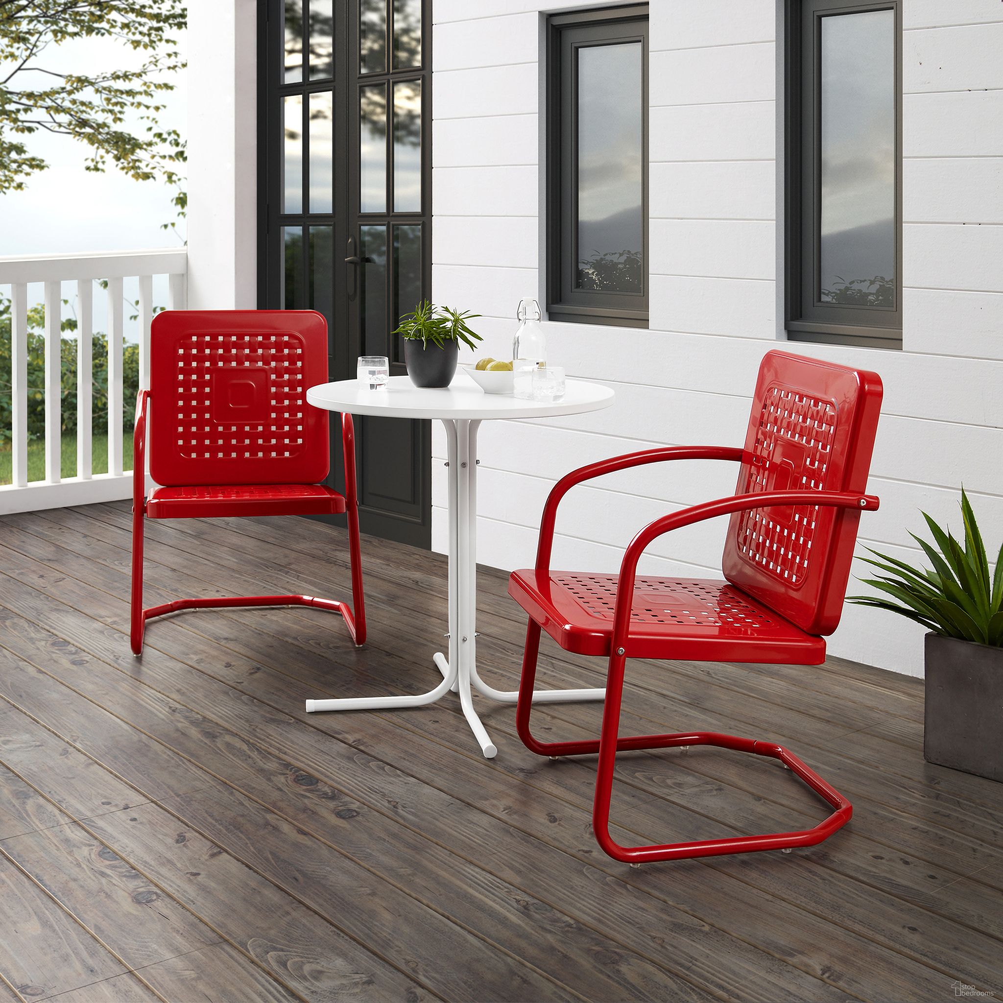 The appearance of Bates 3 Piece Retro Outdoor Bistro Set In Bright Red Gloss and White Satin designed by Crosley Brands in the transitional interior design. This red piece of furniture was selected by 1StopBedrooms from Bates Collection to add a touch of cosiness and style into your home. Sku: CO1025-RE;CO1014-WH. Material: Steel.