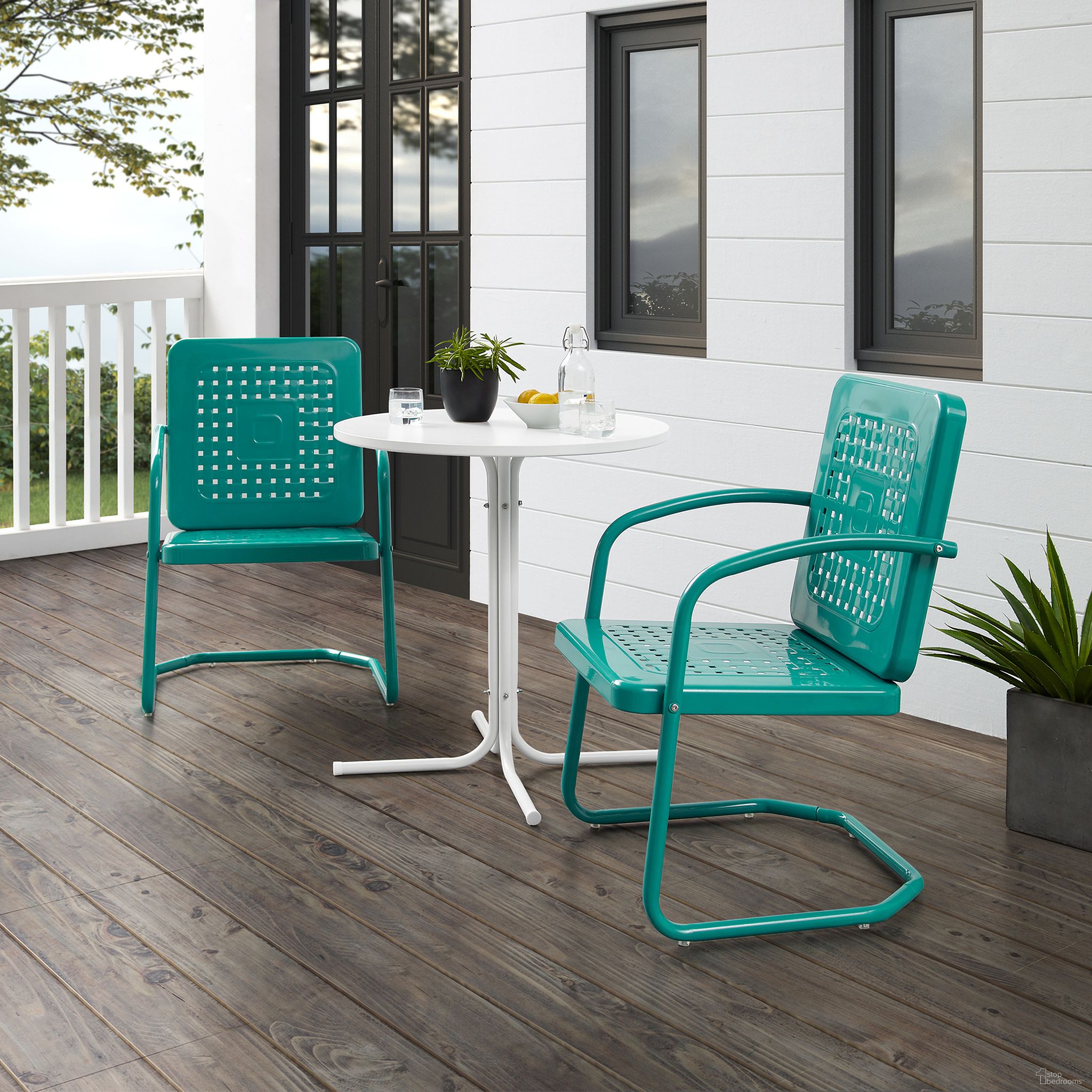 The appearance of Bates 3 Piece Retro Outdoor Bistro Set In Turquoise Gloss and White Satin designed by Crosley Brands in the transitional interior design. This turquoise piece of furniture  was selected by 1StopBedrooms from Bates Collection to add a touch of cosiness and style into your home. Sku: CO1025-TU;CO1014-WH. Material: Steel.